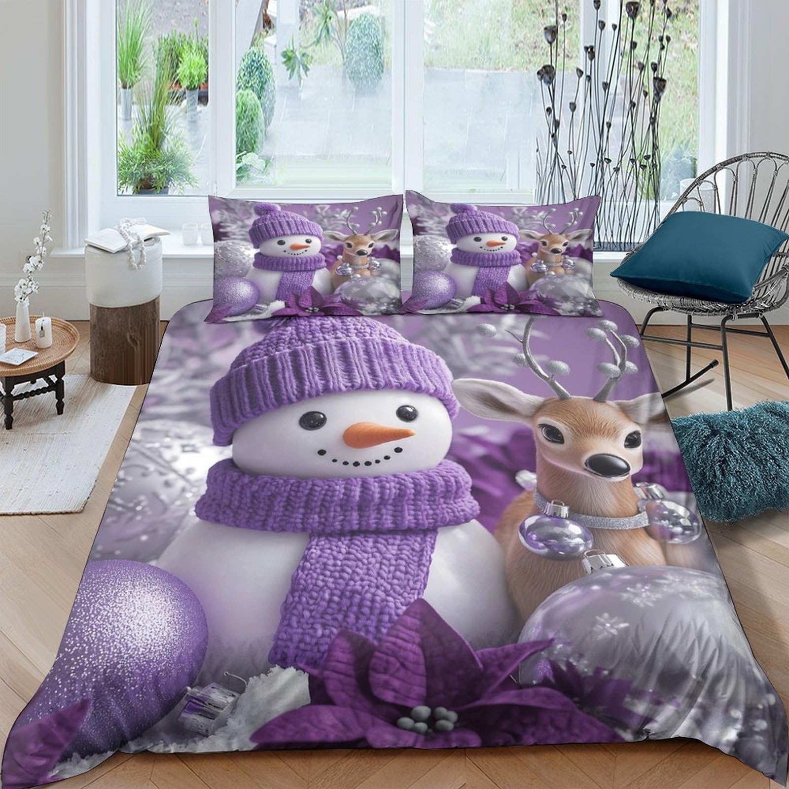 Ctjqhvkz Style-10 3D Printed Snowman Purple Fitted Sheet Microfiber Soft Reindeer Bed Cover Non Slip Machine Washable For Bedroom Dorm Decor Single（135X200cm）