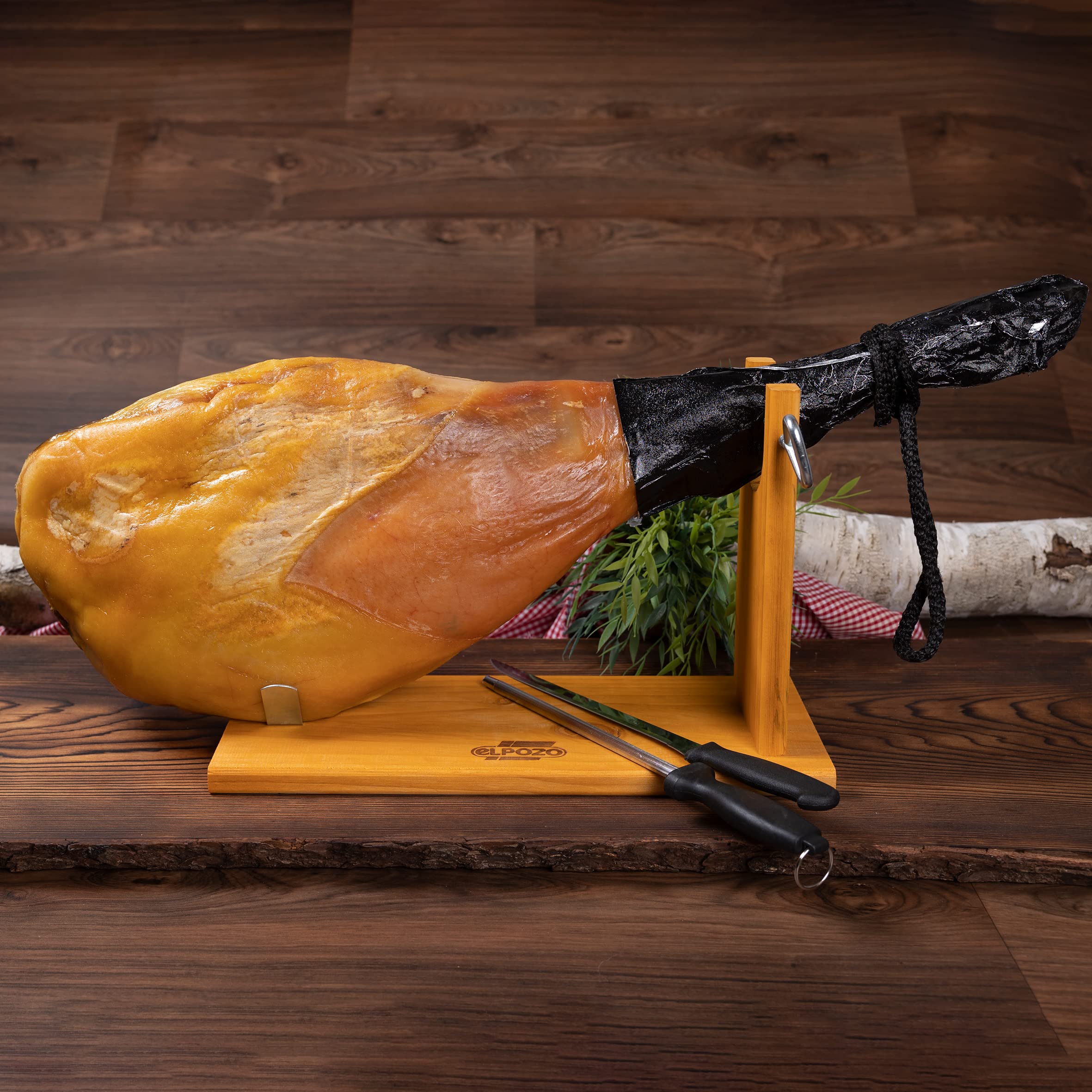 WURSTBARON® spanischer Serrano Schinken am Knochen, traditionell luftgetrocknet und gereift, inkl. Schinkenständer und Messerset, hochwertige Qualität, 7,25 kg