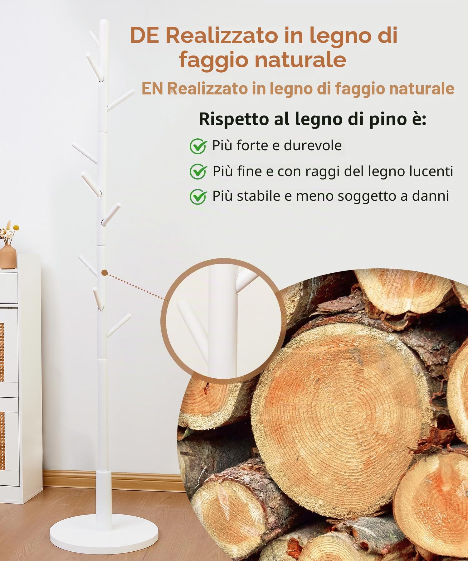 Yorbay Appendiabiti Faggio Massello Albero: 9 Ganci, 38 x 179 cm (Bianco) | Appendiabiti a Forma di Albero per Giacche Cappelli Borse - per Camera da Letto Ufficio Ingresso