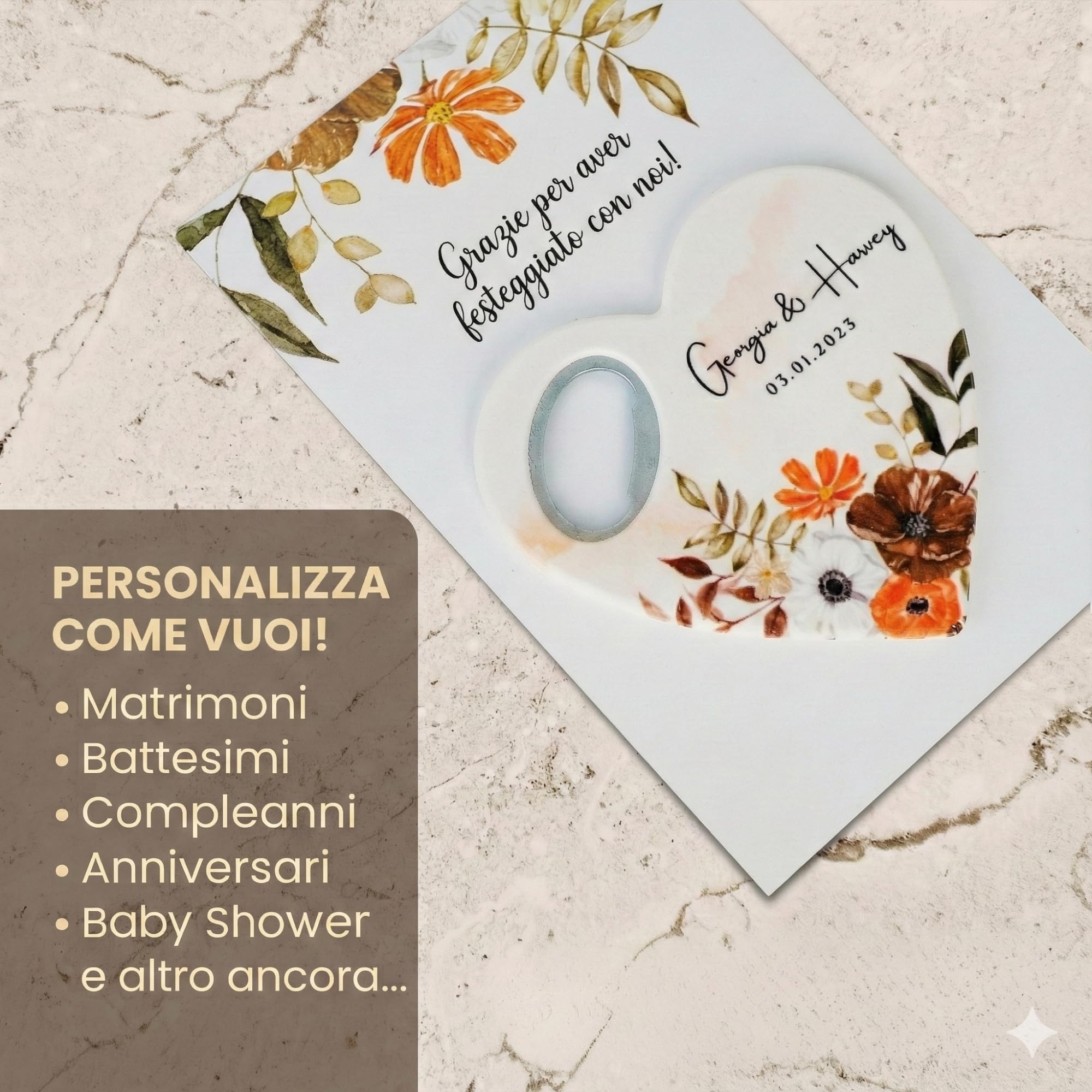 Bomboniere matrimonio personalizzate, calamita apribottiglie a forma di cuore con biglietto di ringraziamento, regalo per invitati e festa di (Apribottiglie + biglietto di ringraziamento)(Set da 30)