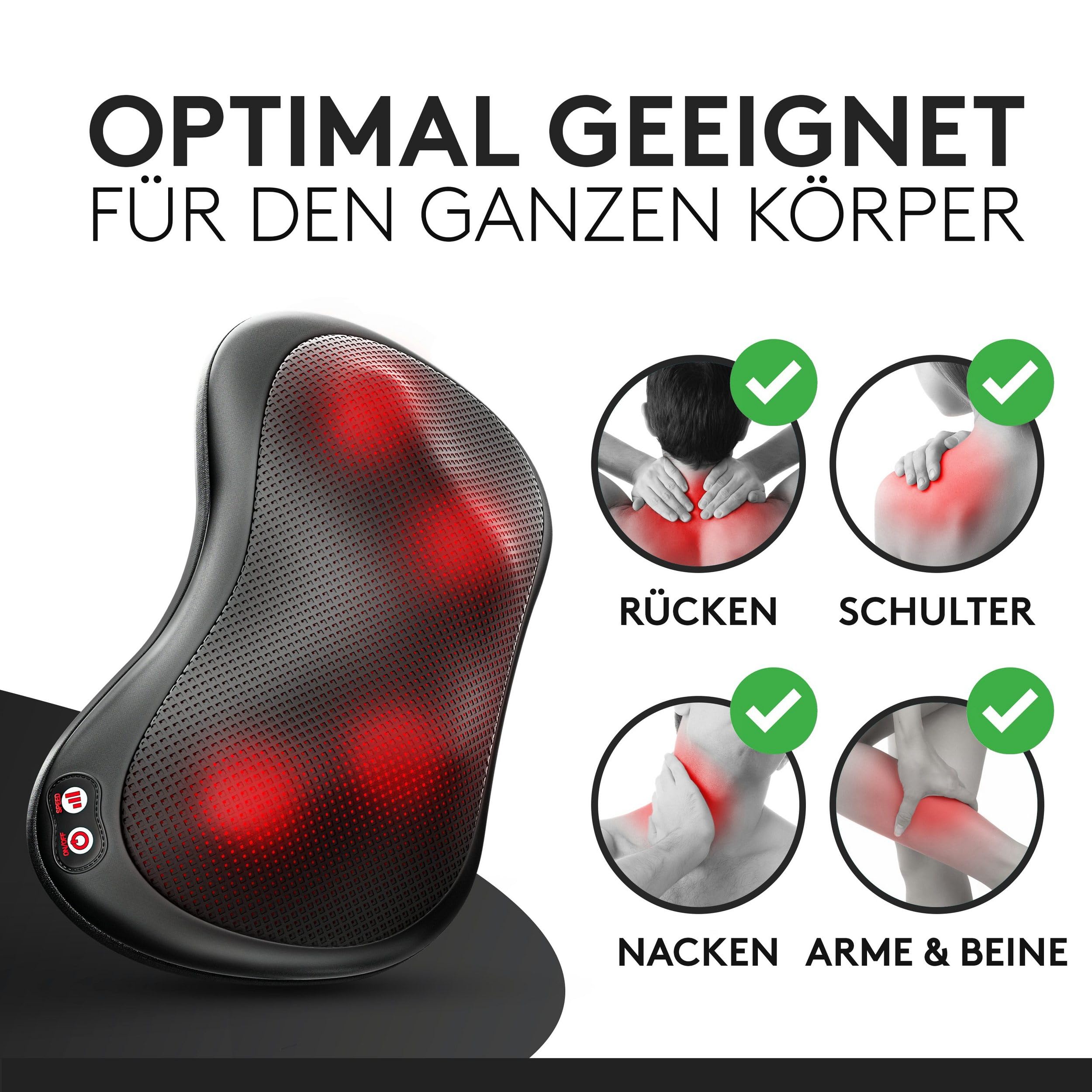 Wellax almohada de masaje Shiatsu 360° con calor, 3 velocidades para cuello, hombros y espalda, Negro