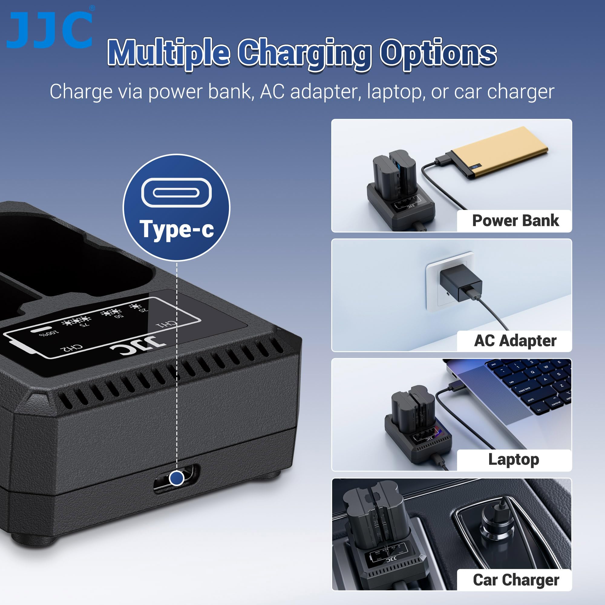 JJC Podwójna ładowarka USB-C kompatybilna z Nikon Zf Z7II Z7 Z6III Z6II Z6 Z5II Z5 D850 D780 D750 D610 D600 D500 D7500 D7200 D7100 D7000 Zastępuje aparaty Nik. EN-EL15/EL15 15a/EL