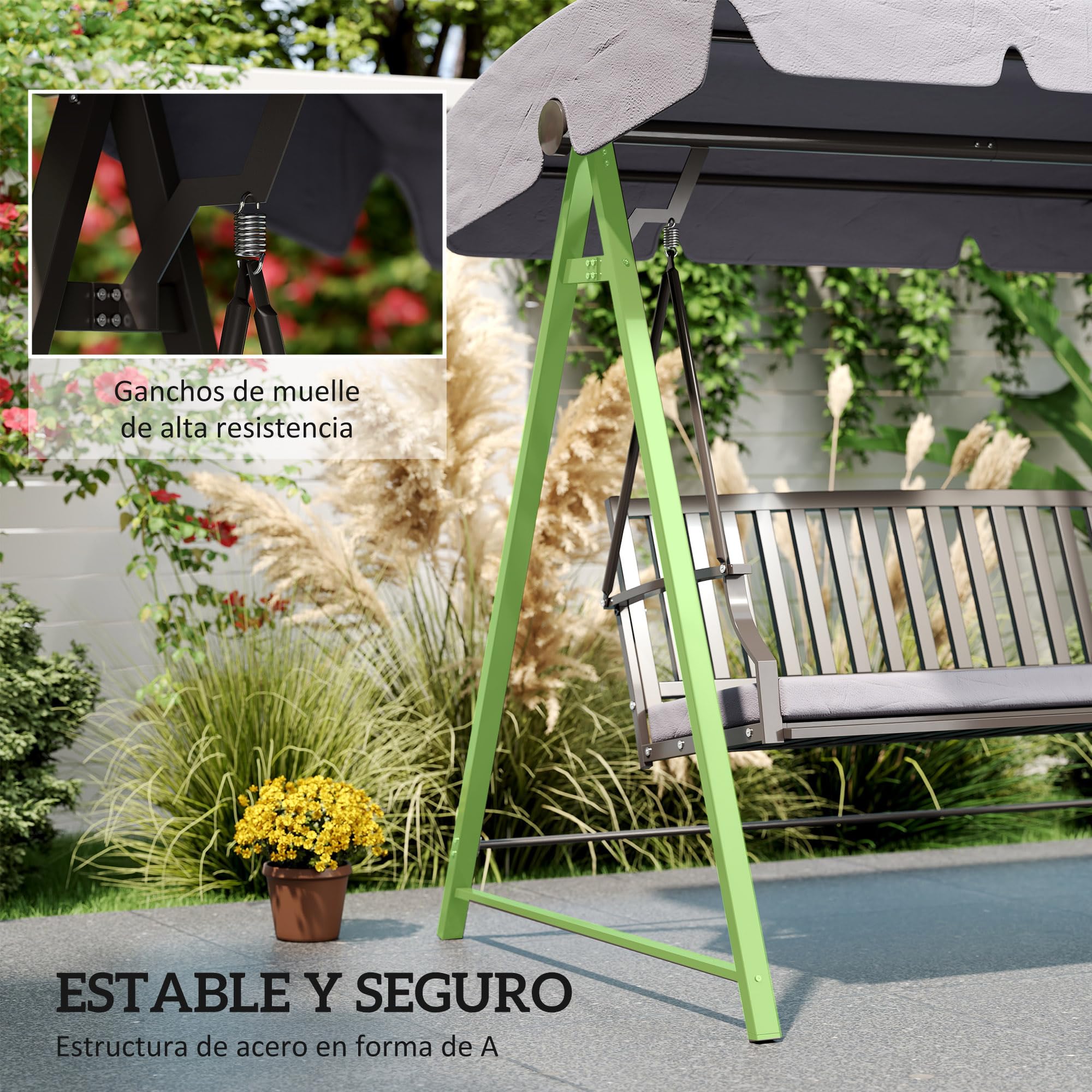 Outsunny Columpio de Jardín Exterior de 3 Plazas Balancín de Jardín Exterior con Toldo Ajustable Cojín y Estructura de Acero Carga 360 kg 205x133x181 cm Gris