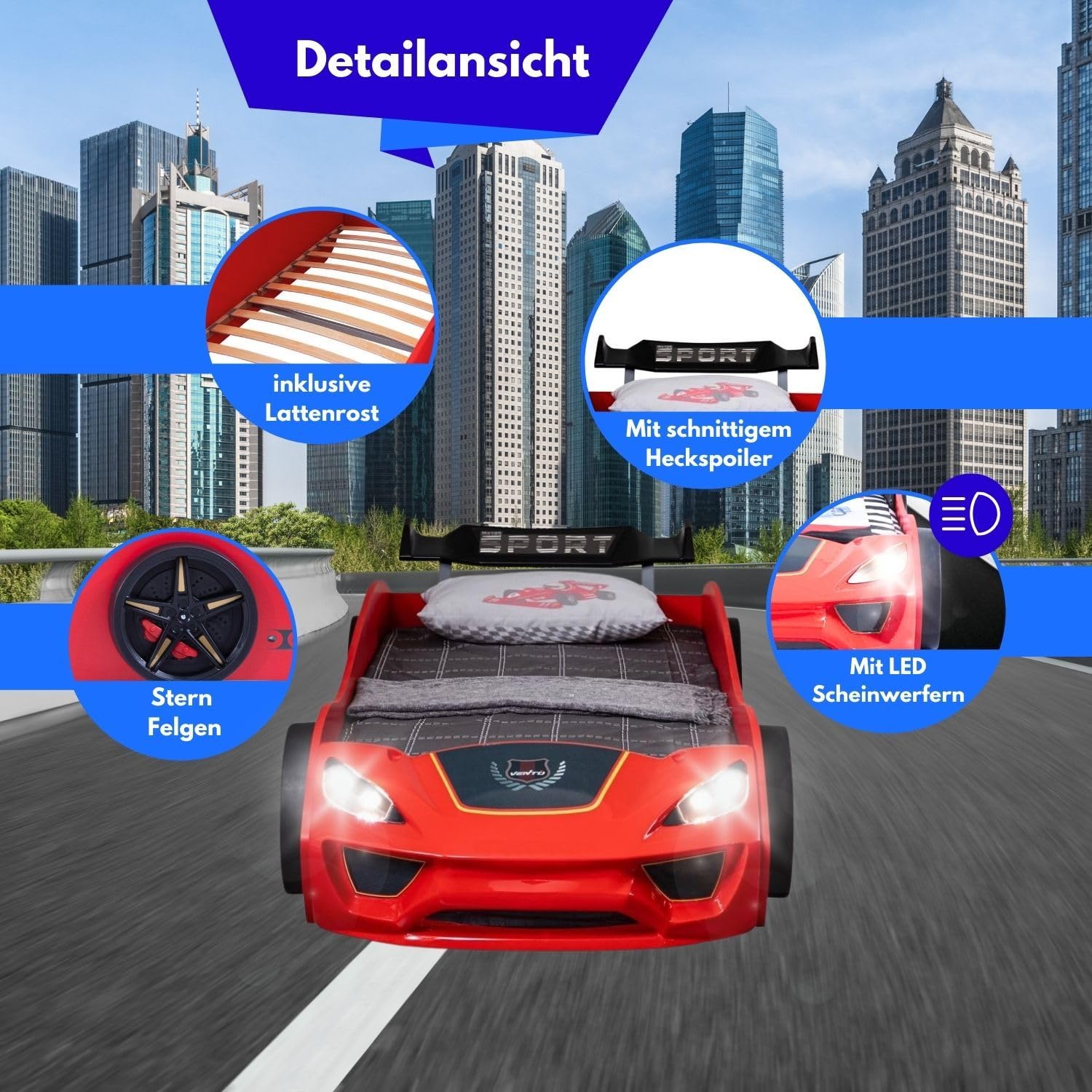 Coemo Autobett Vento Kinderbett 90x200 cm im Rennwagen-Design, Rot | Autobett mit Lattenrost, aufwändig gearbeitete Front mit glänzender Oberfläche, detailgetreue Motive, sportlicher Heckspoiler