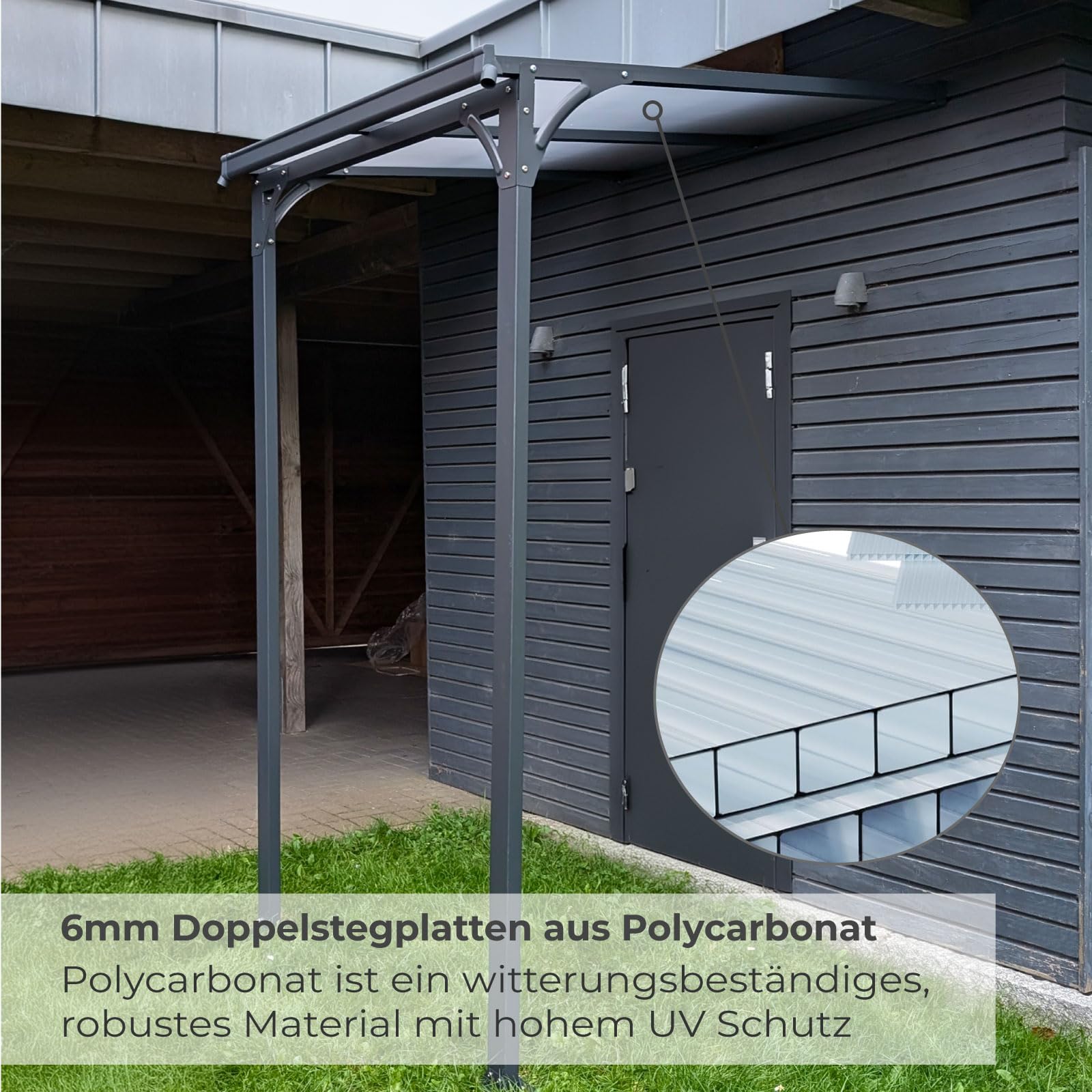 Haustürvordach Aluminium pulverbeschichtet transparentes Dach | Vordach Polycarbonat Überdachung Wasserführung 238 x 150 x 148/150 x 250/261 cm (H x B x T x H-hinten) anthrazit