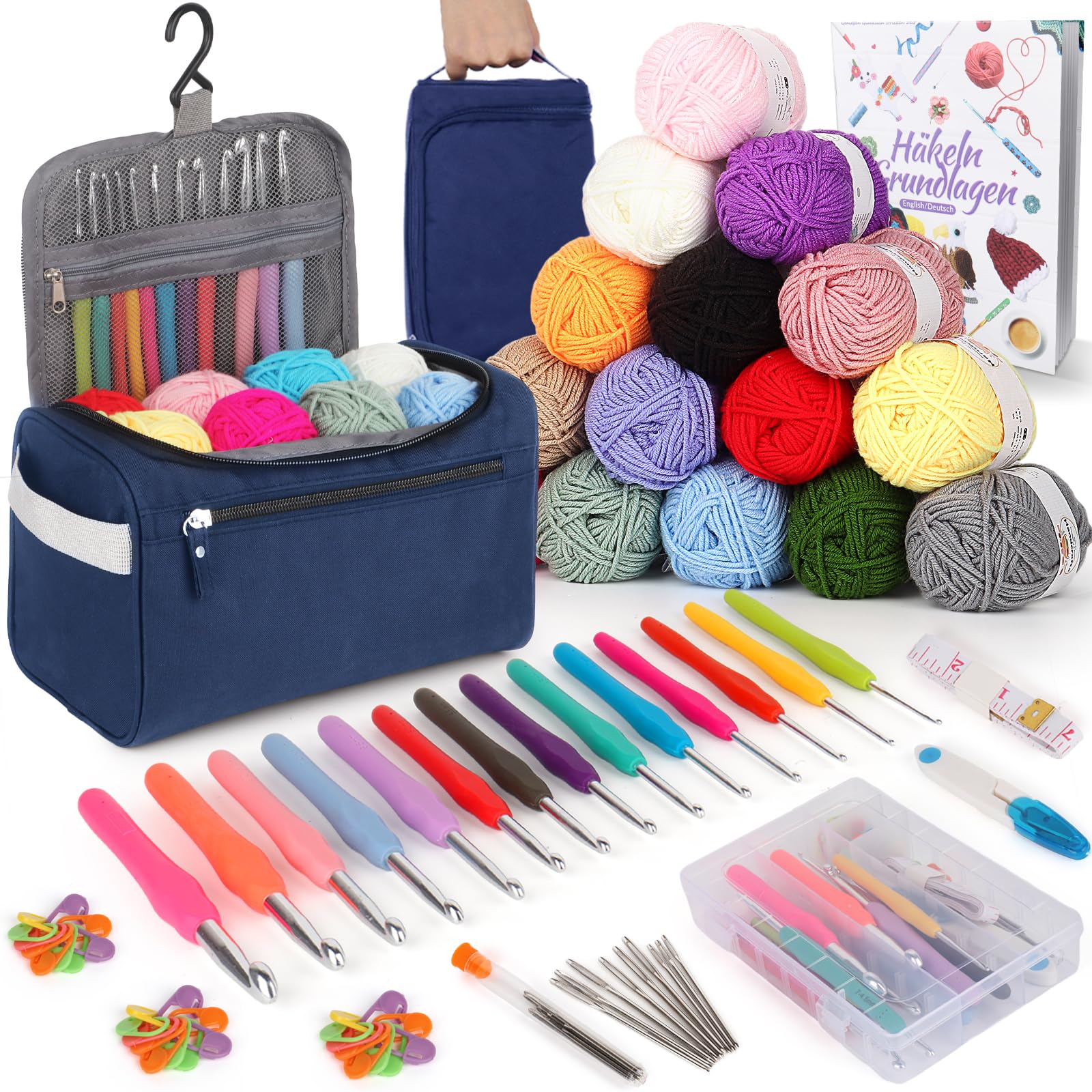 Coopay 73 Stück Häkelset für Anfänger, Tragbar Häkelnadel Set mit 15 Wolle, Tasche, Häkelzubehör, 2,0-10 mm Ergonomische Häkelnadeln mit Lang Weicher Griff, Praktische Häkelnadel Set, Dunkelblau