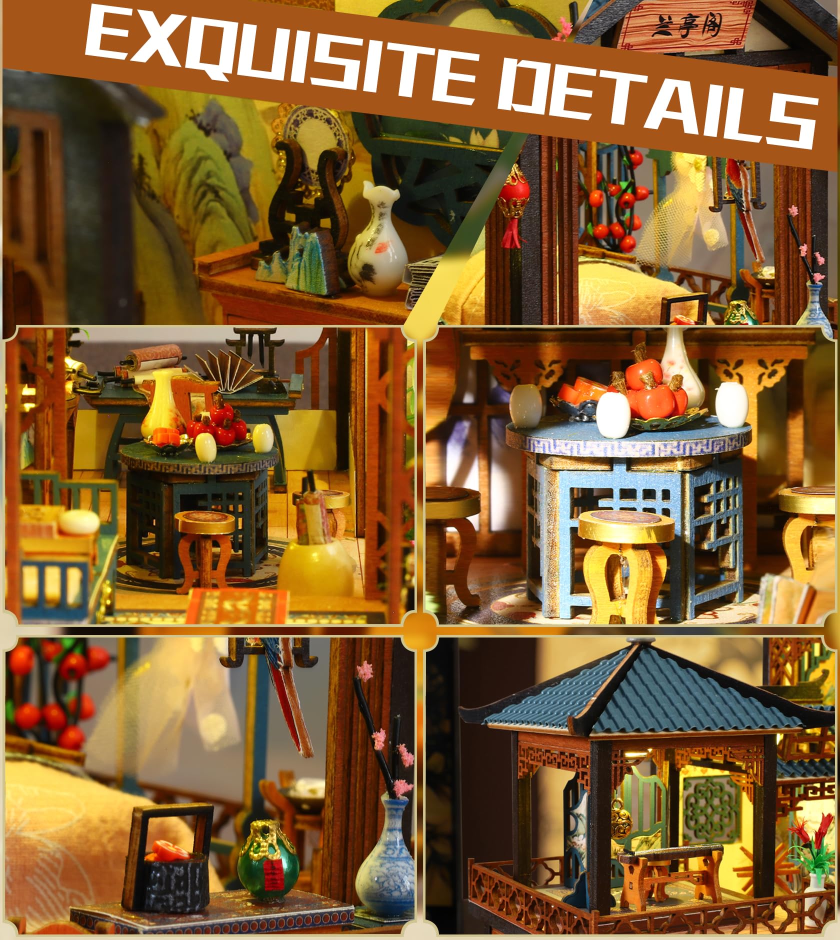 Spilay Miniatur Haus, Chinesisches Gartenhaus Puppenhaus Holz | DIY Miniature House mit LED-Licht, Staubschutz und Musikbox, 3D Puzzle Erwachsene, Miniatur Bausatz, Regal Deko Geschenk