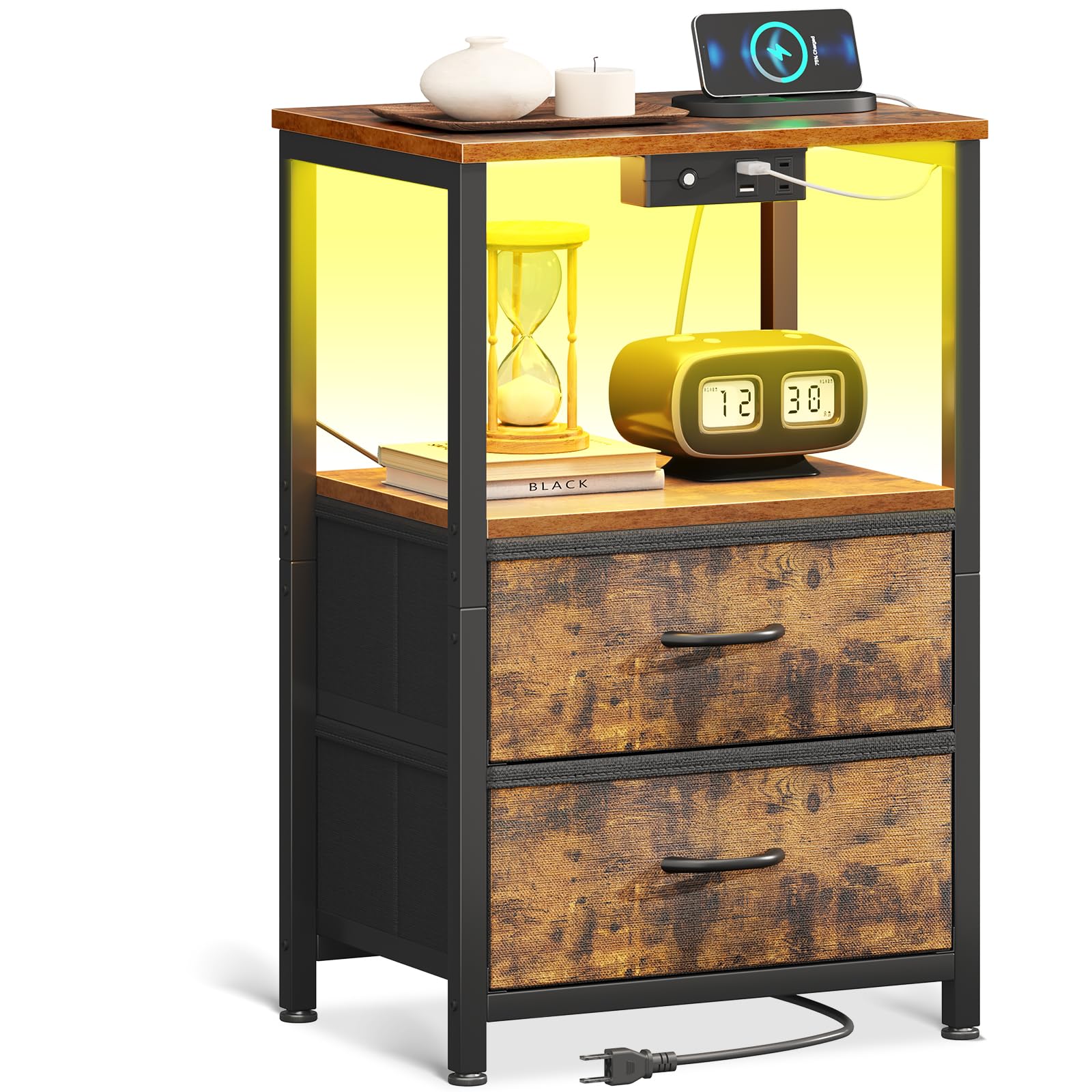 Casaottima Night Stand with Charging Station and LED Lights, End Table for Bedroom with 2 Fabric Drawers, Small Nightstand with Storage Shelf, Bed