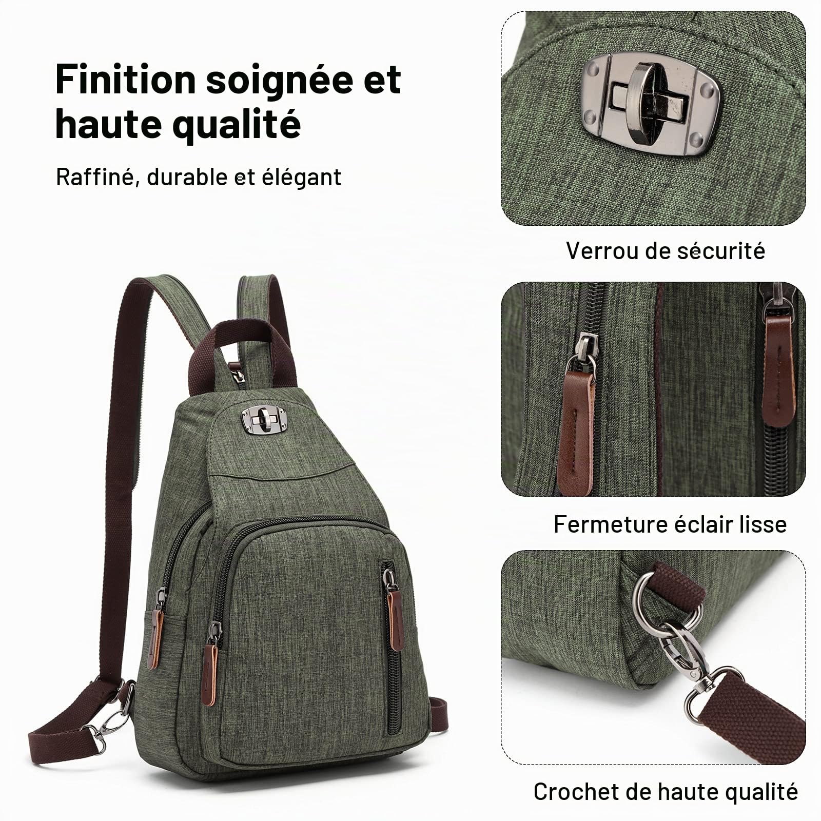 FANDARE Rétro Sac de Poitrine Petit Sac À Dos Bandoulière Sling Bag Sac Bandoulière Sac d'Epaule Sac d'école Sacoche pour Homme Femme Commuer Université École Voyage Daypacks Durable Polyester Verte