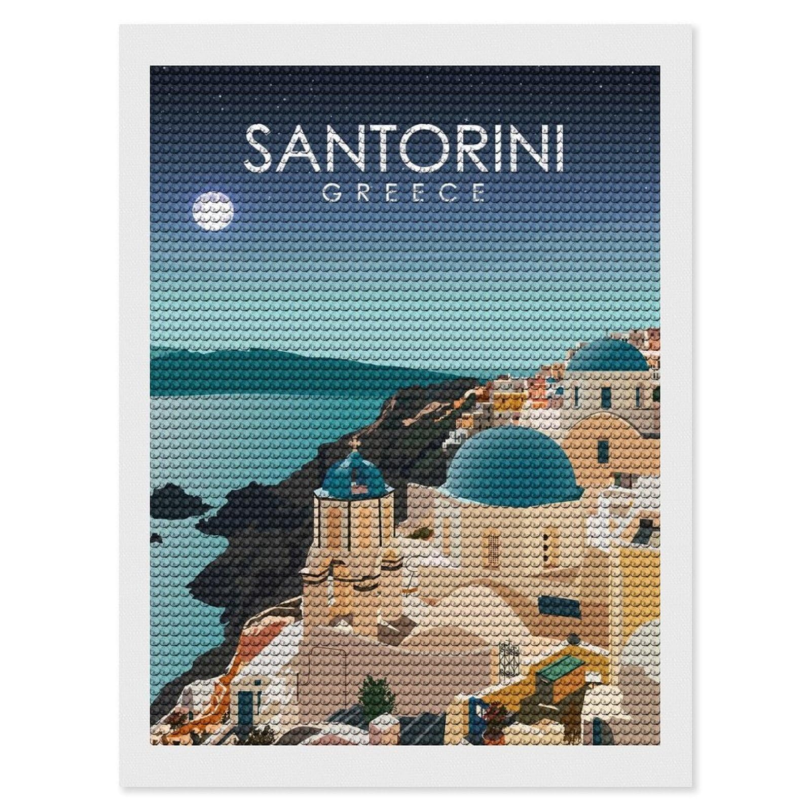 Junmoney Santorini Greece at Night DIY Diamond Art Canvas Kit 12"x16", for Teens, Aesthetic Room Decor, Farmhouse Decor, Canvas Picture, Birthday Gift