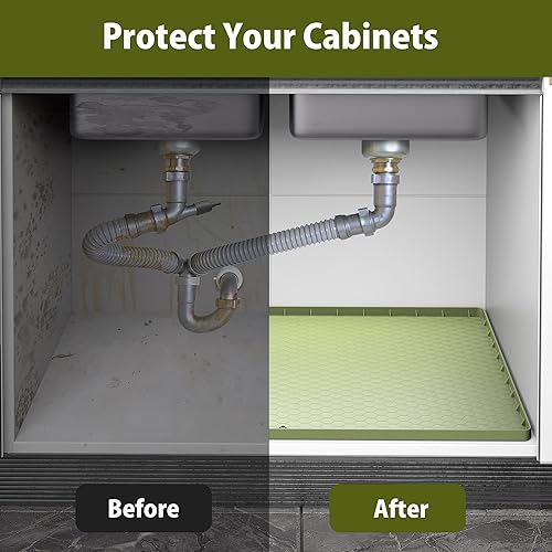 Miniatura 2 de Ryhpez Tapete para debajo del fregadero para cocina, impermeable, de 34 x 22 pulgadas, de silicona, con orificio de drenaje, bandeja de goteo de