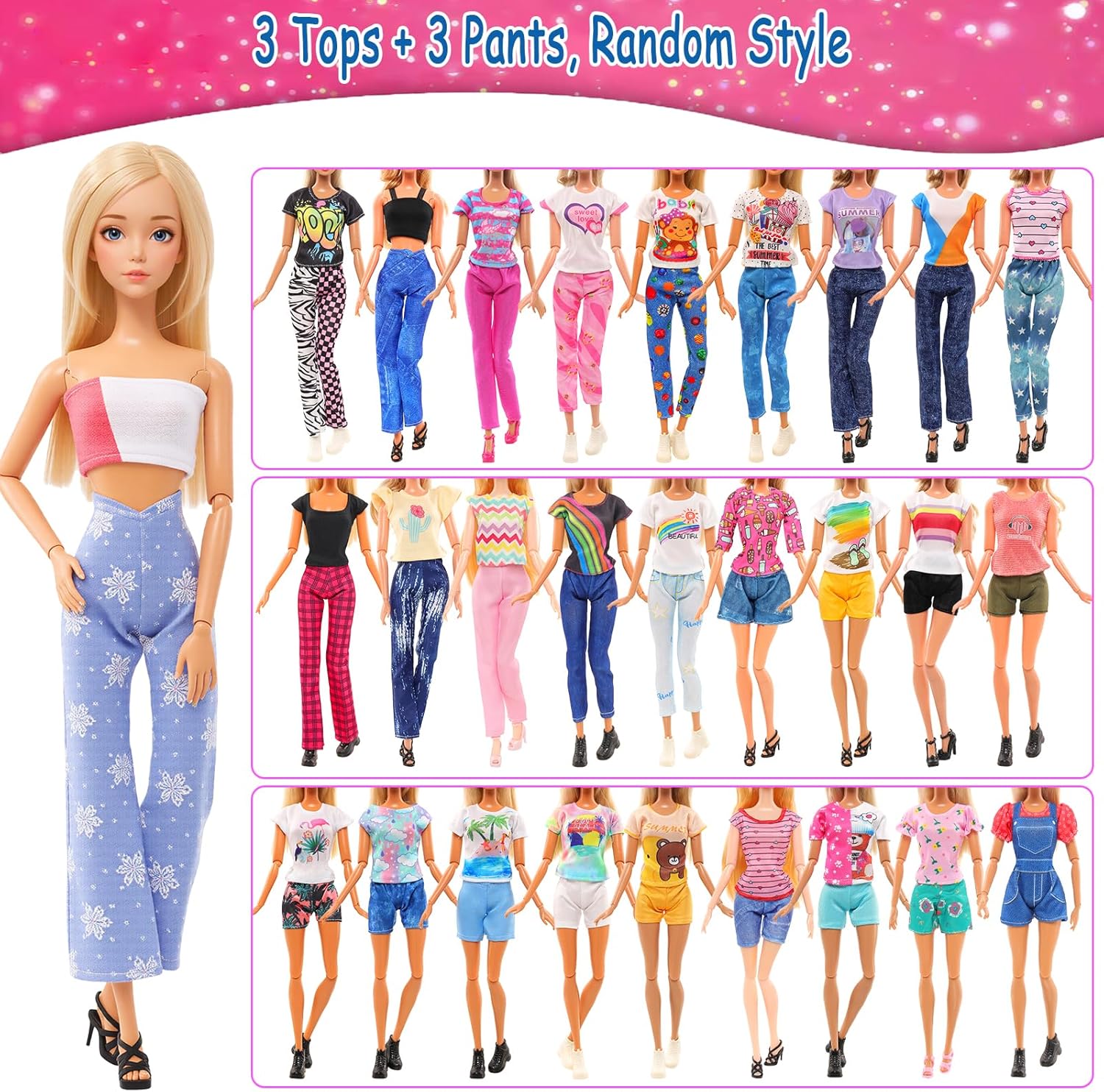 Barwa Lot 36 Items 3 Fashion Dresses 3 Casual Tops and Pants Outfits 6 Pcs Mini Dresses with 1 Bags 10 Shoes, 13 Accessories for 11.5 Inch Girl Doll Birthday Xmas