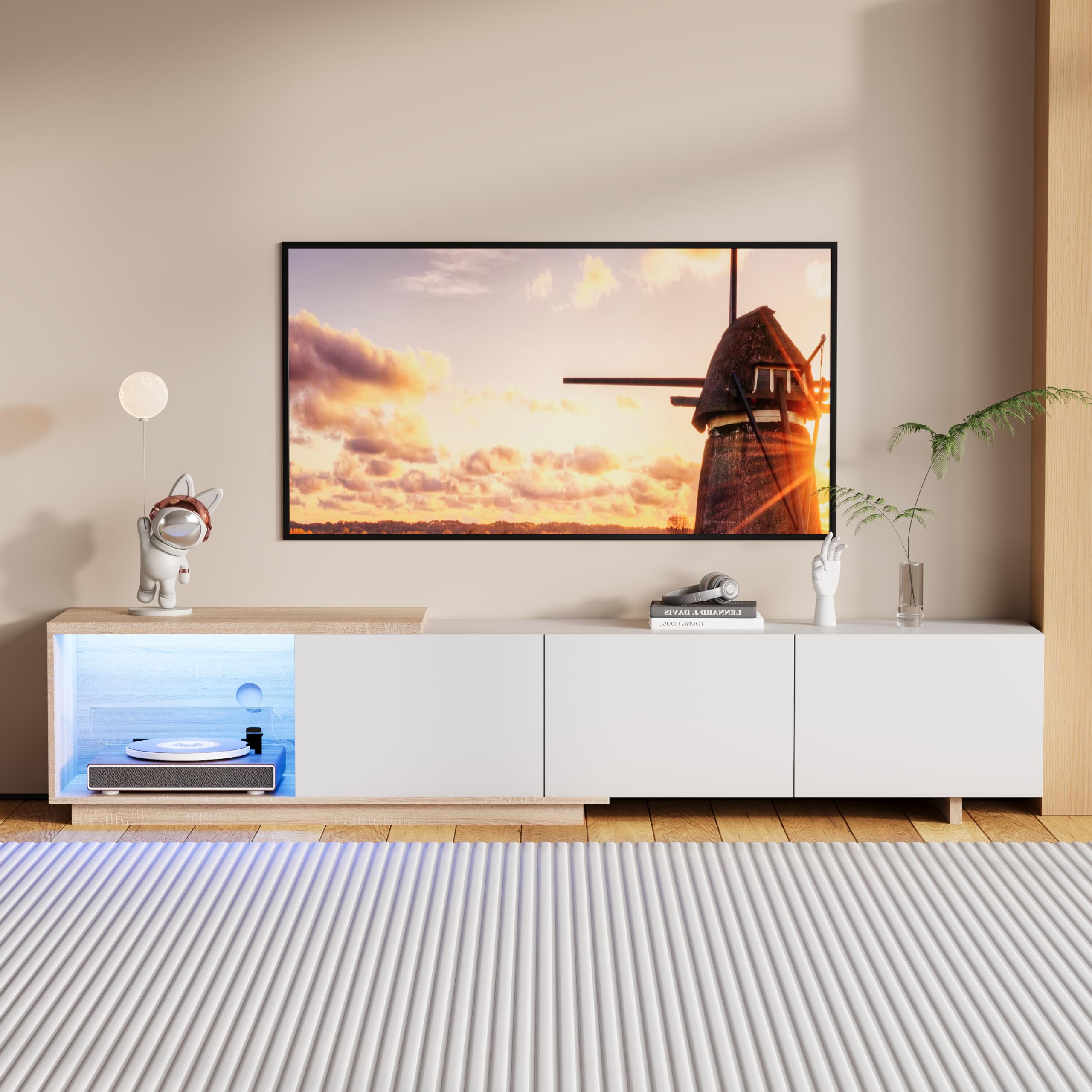 Mobile basso per TV 240 cm con 3 cassetti per TV fino a 85 pollici, credenza per TV con illuminazione a LED, armadio per TV allungabile per soggiorno e camera da letto (bianco)