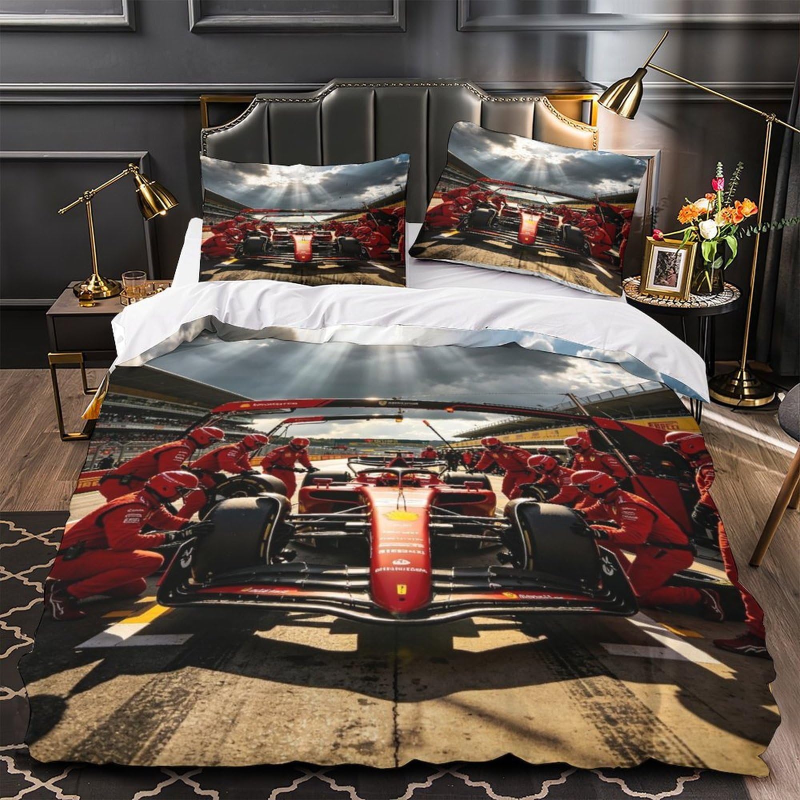 XiaopangXY 3D Printed Formulaa Racing Bedding Set Single（140x200cm）, Pit Stop Quilt Cover with Zipper Closure, Luxe Duvet Cover with Pillowcase for Childs & Adults