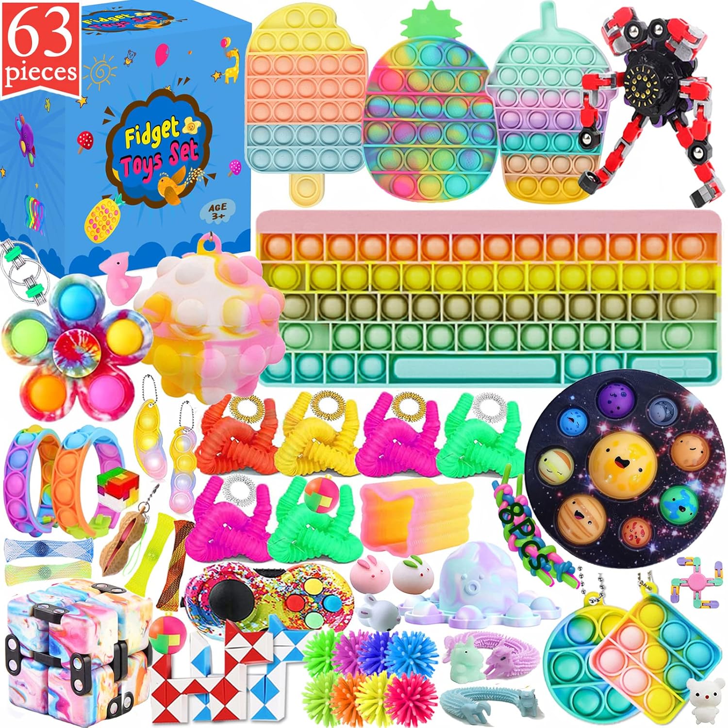 63Pcs Fidget Packs AntiAnxiety Tools , Cheap Fidget Toy Pack with Big