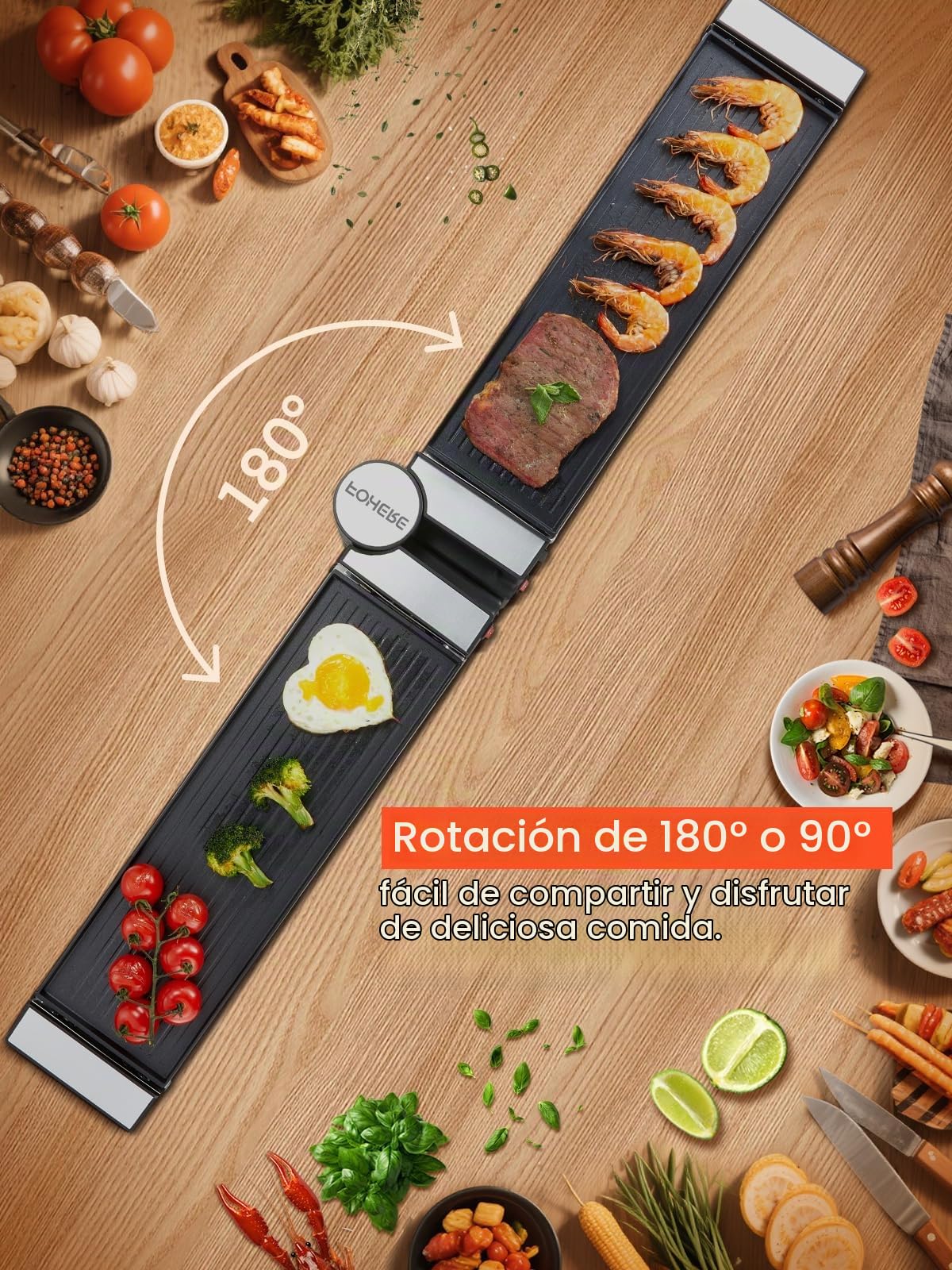 FOHERE Raclette 8 Personas, 1400W Raclette Grill Electrico con Parrilla Antiadherente y 8 Placas, Parrilla Eléctrica Giratoria, Adecuada para Familias y Fiestas
