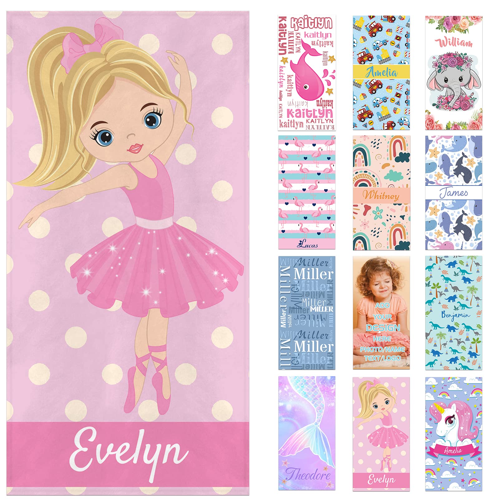 SIMIEEK Personalized Beach Towels for Kids with Names, Microfiber Quick Dry Custom Beach Towels for Girls Boys