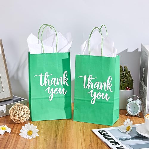 Miniatura 5 de DjinnGlory Paquete de 50 pequeñas bolsas de regalo de papel verde de agradecimiento con asas de 9 x 5.5 x 3.15 pulgadas y 50 hojas de papel de seda