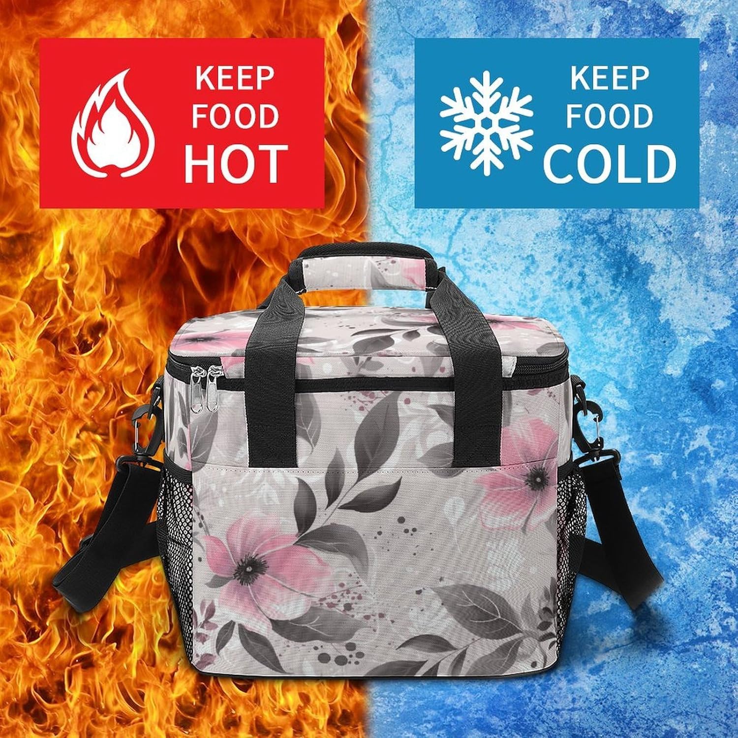 Pink Flowers and Leaves on Gray Cooler Bags Portable Soft Cooler Bag Lightweight Ice Chest Insulated Lunch Bags Camping Cooler Bag Cooler Lunch Tote Coolers for Picnic Travel Beach