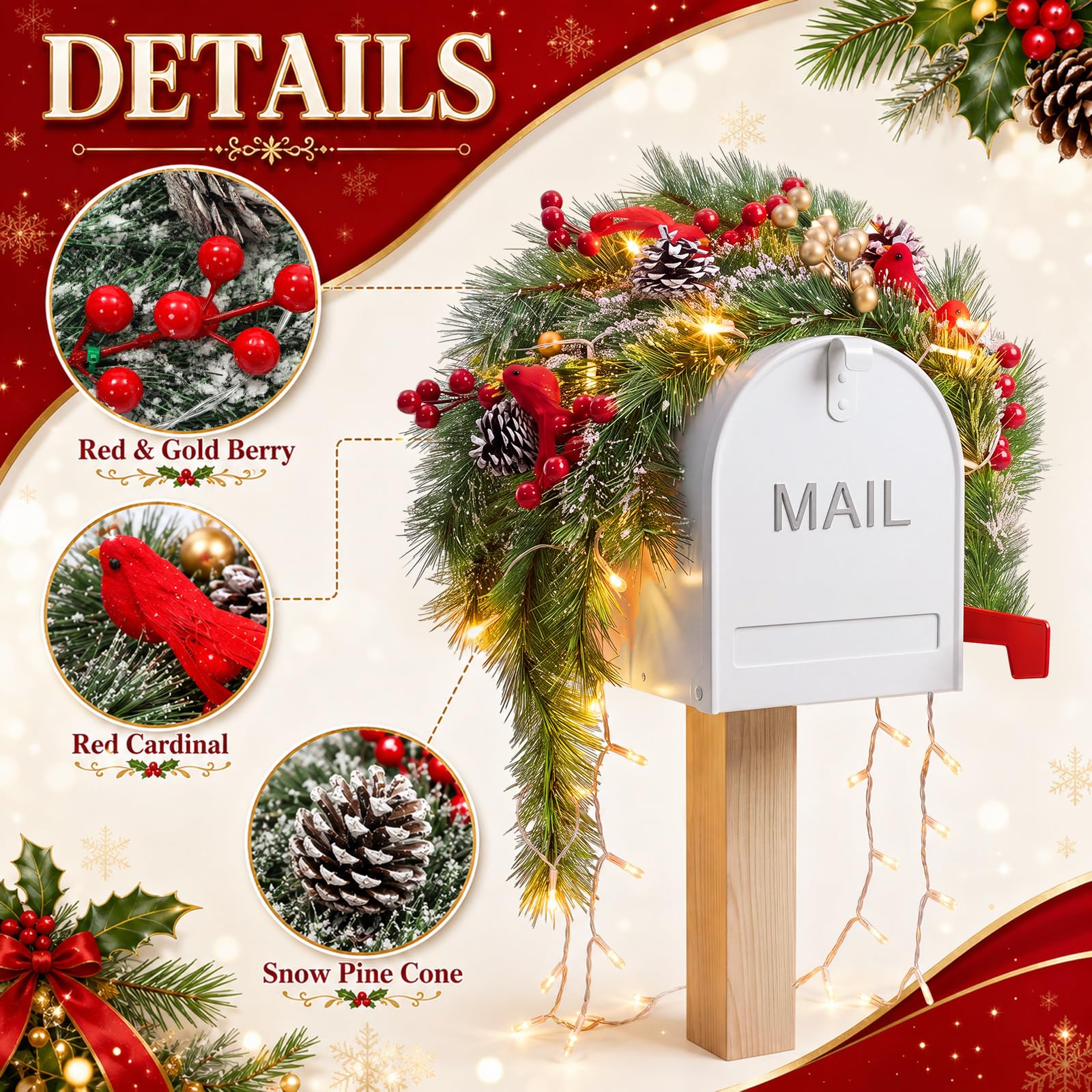 Fumete Guirlande de boîtes aux lettres de Noël avec lumières - 91,4 cm - Rouge - Guirlande avec minuterie pour porche, maison, extérieur, entrée, décorations de vacances