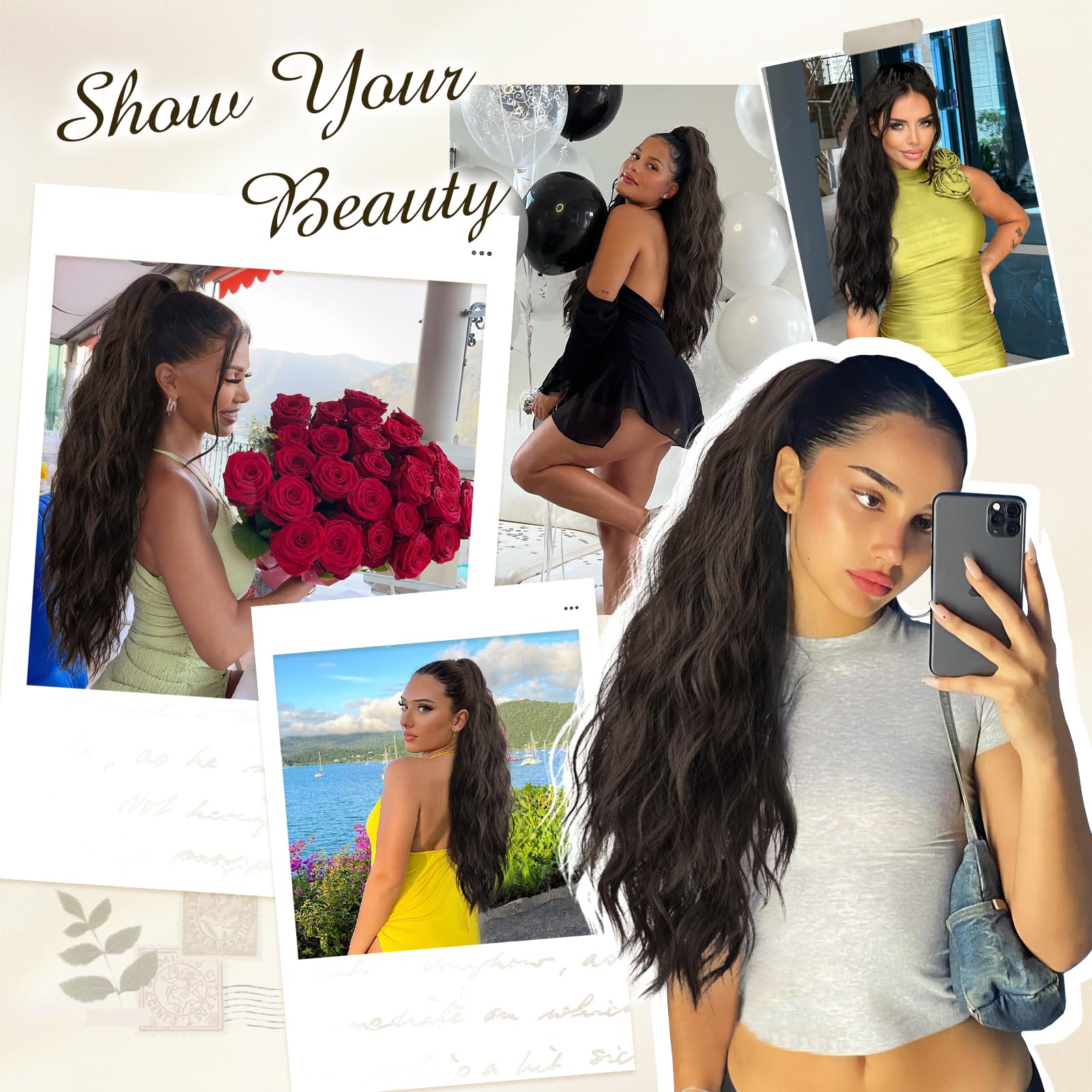FESHFEN Extension Queue de Cheval avec Pince - Postiche Cheveux Naturel Ondulé Longue Ponytail Extensions Synthétique Fausse Rajout Postiches pour Femmes, 63 cm Châtain