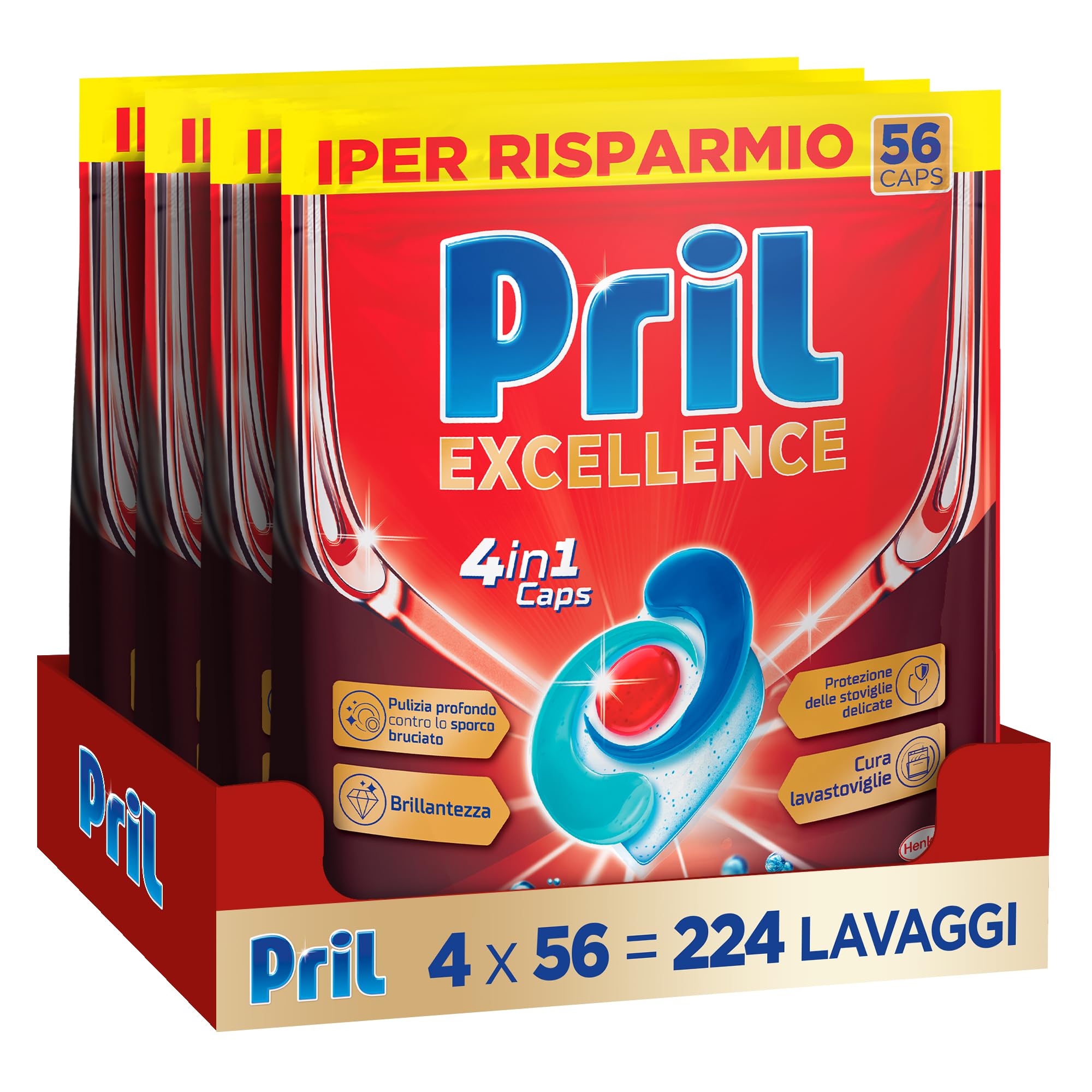 Pril Excellence 4in1 Caps, Detersivo Lavastoviglie in Caps a dissoluzione rapida, formato da 56x4 (224 capsule)