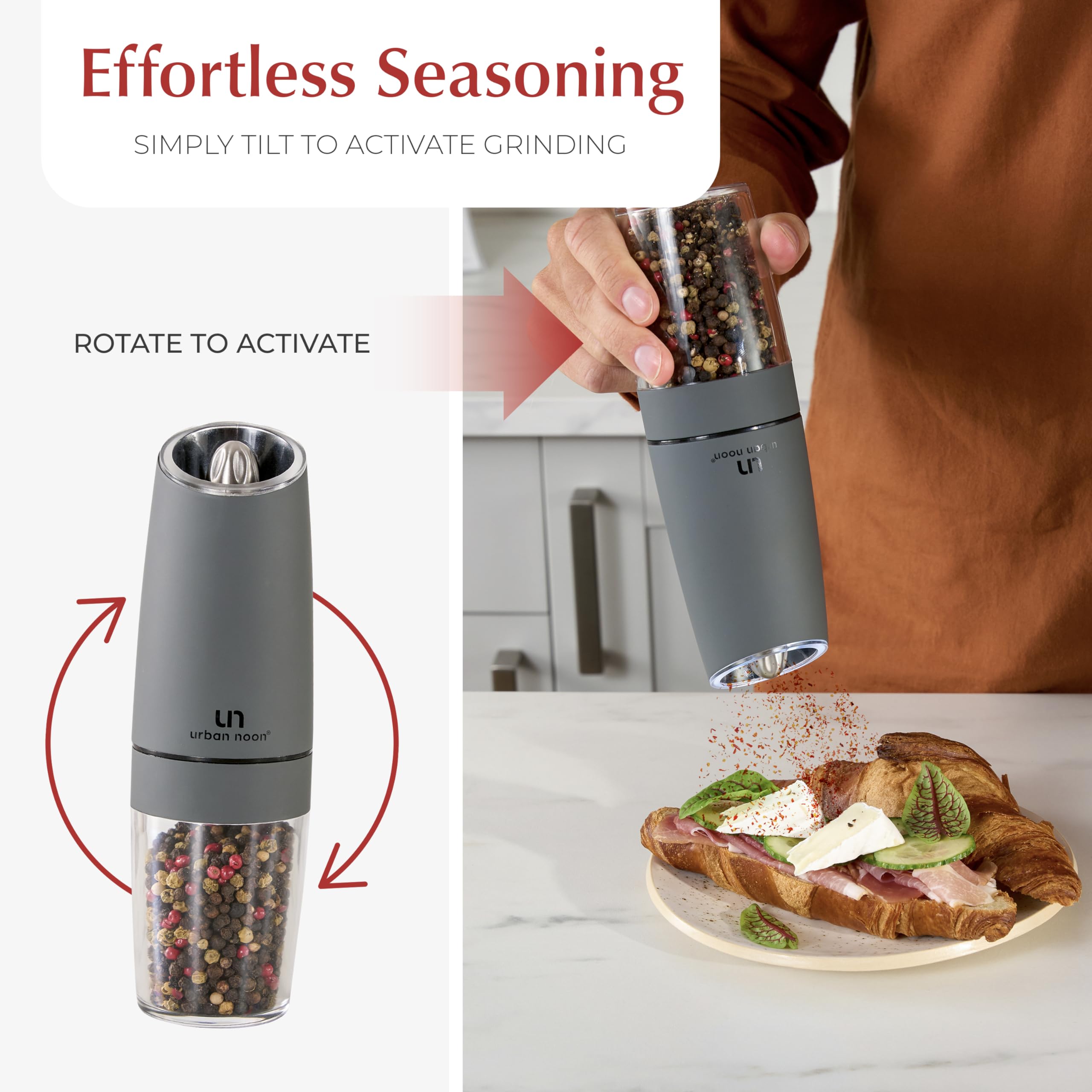 Set macina sale e pepe a gravità, a batteria, con luce (2 macinini grigio opaco), funzionamento automatico con una sola mano, shaker elettronico regolabile, macina in ceramica