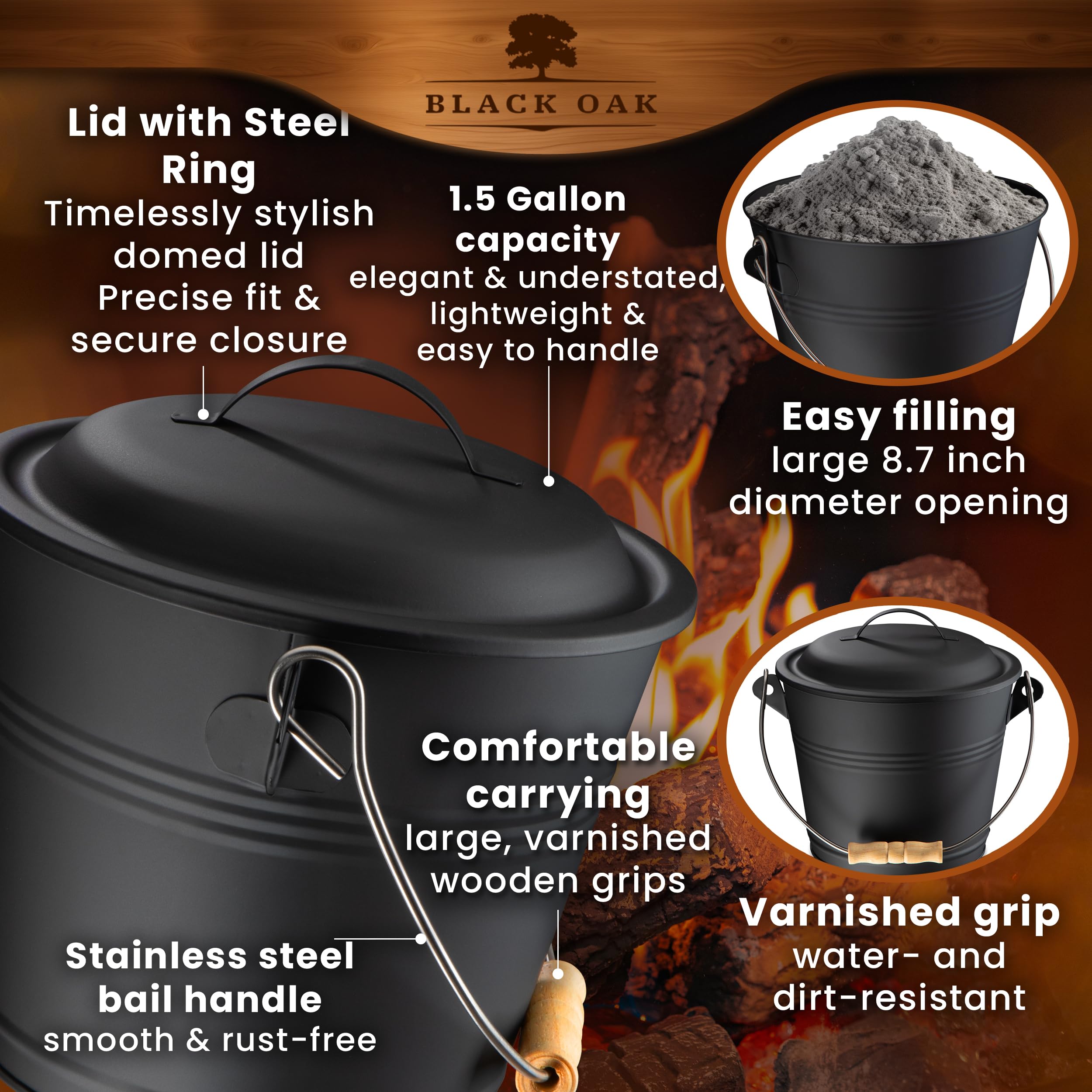 BLACK OAK Secchio per cenere da 1,5 litri, nero con coperchio con manico in legno + spazzola, pala e guanti, 5 l, grande secchio in acciaio zincato a prova di fuoco e verniciato a polvere, pellet per