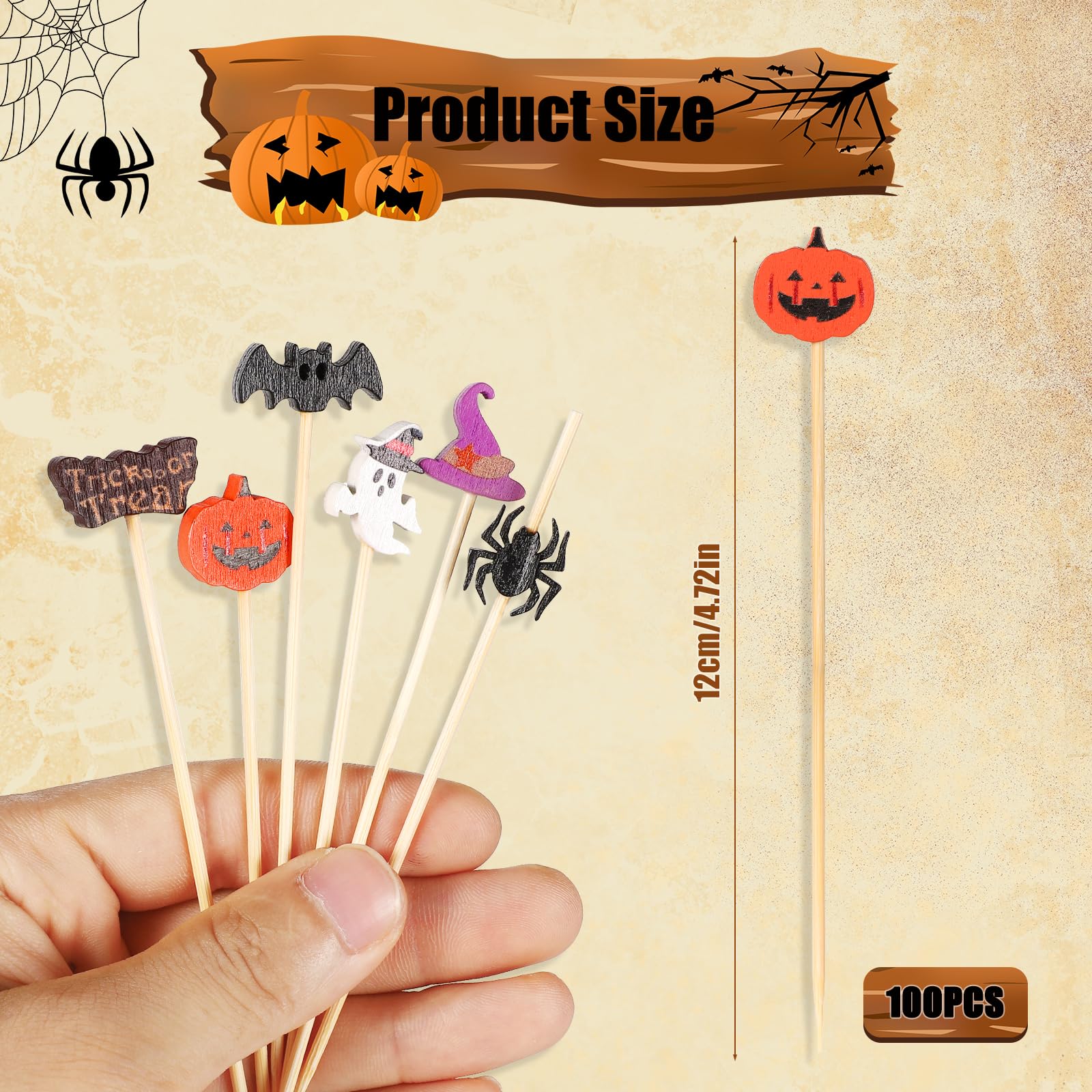 100pcs Cures Dent Halloween, Pics à Cocktail D'Halloween Araignée