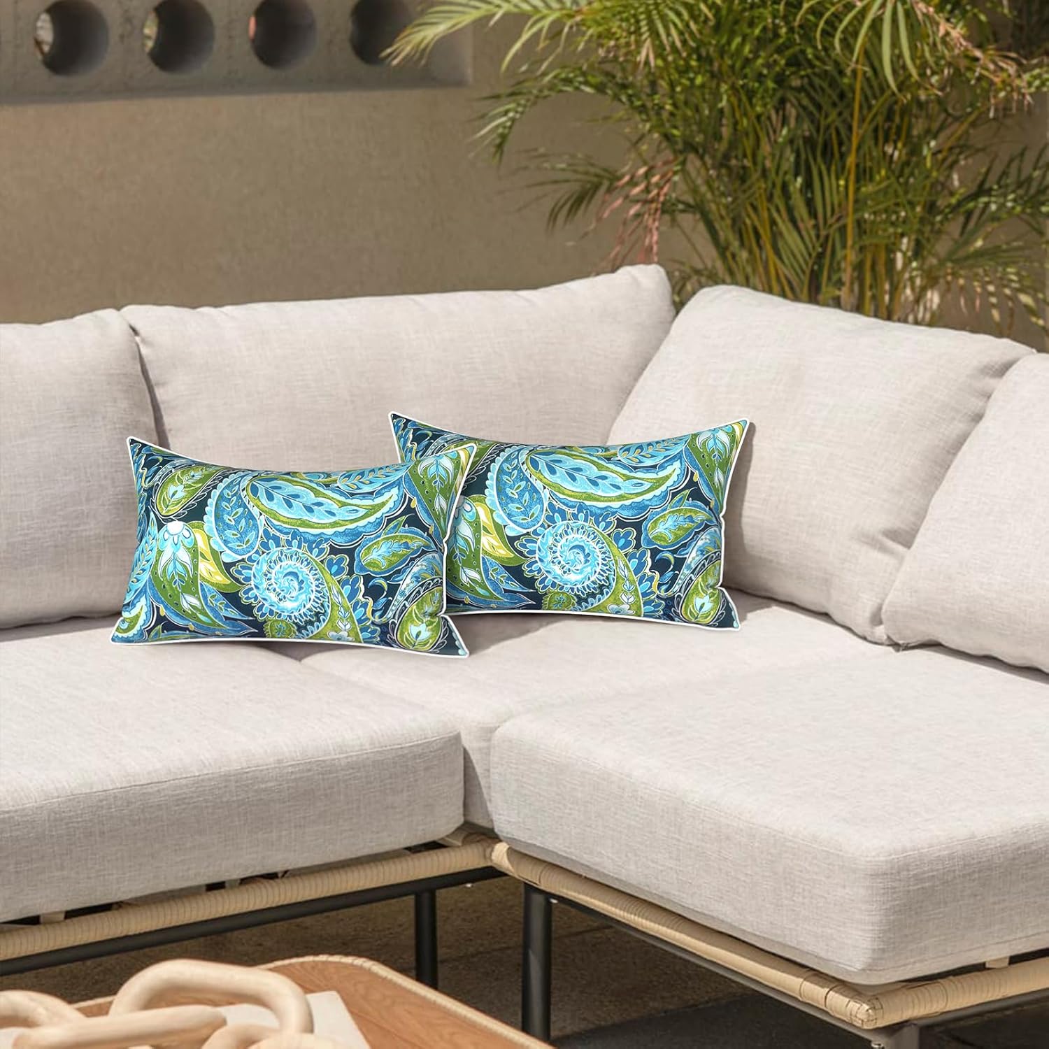 LVTXIII 2 Pack Outdoor Lumbar Pillows 12x20 Inch with White Piping, Fade Resistant Support Throw Pillows with Inserts for Patio Furniture, Sofa, Chair, Paisley Lapis Green