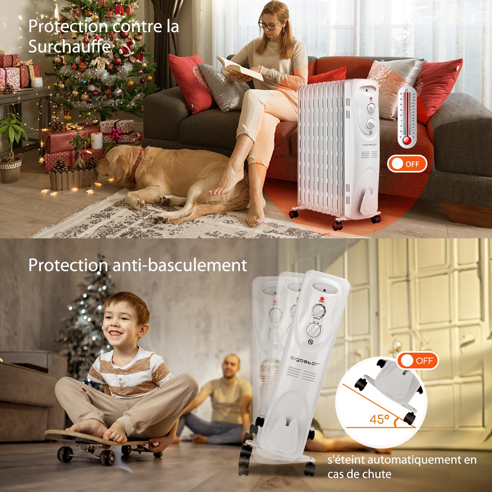 Aigostar Radiateur à bain d’huile portable. 11 éléments, 2300 W. 3 niveaux de puissance et thermostat réglable. Couleur: gris clair. Design exclusif.-Pangpang 33IEJ