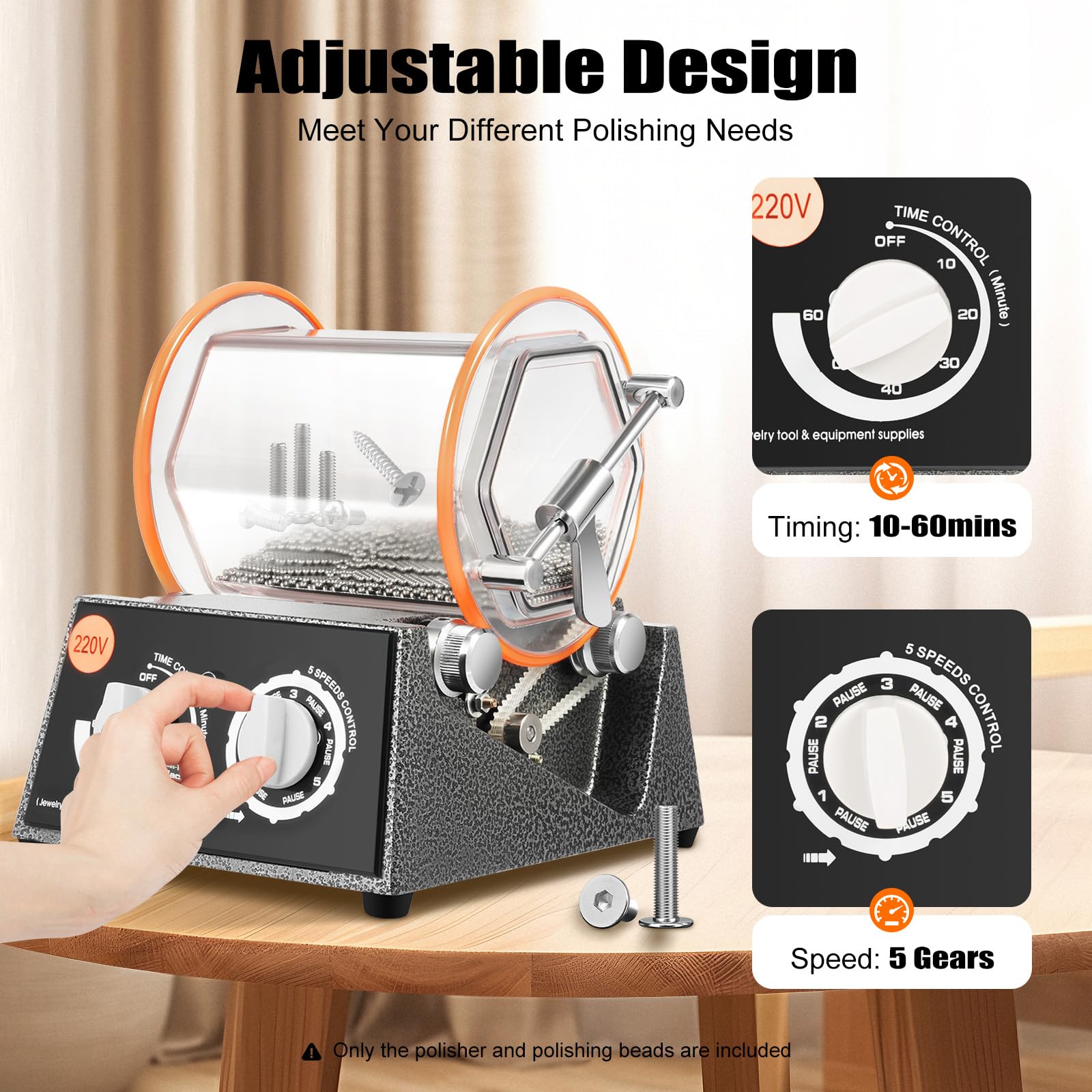 Lucidatrice rotante da 60 W – Mini lucidatrice a tamburo/mulino a sfere, lucidatrice da tavolo con 5 livelli di velocità per la lucidatura di gioielli Lucidatrice rotante da 60 W – Mini lucidatrice a tamburo/mulino a sfere, lucidatrice da tavolo con 5 livelli di velocità per la lucidatura di gioielli