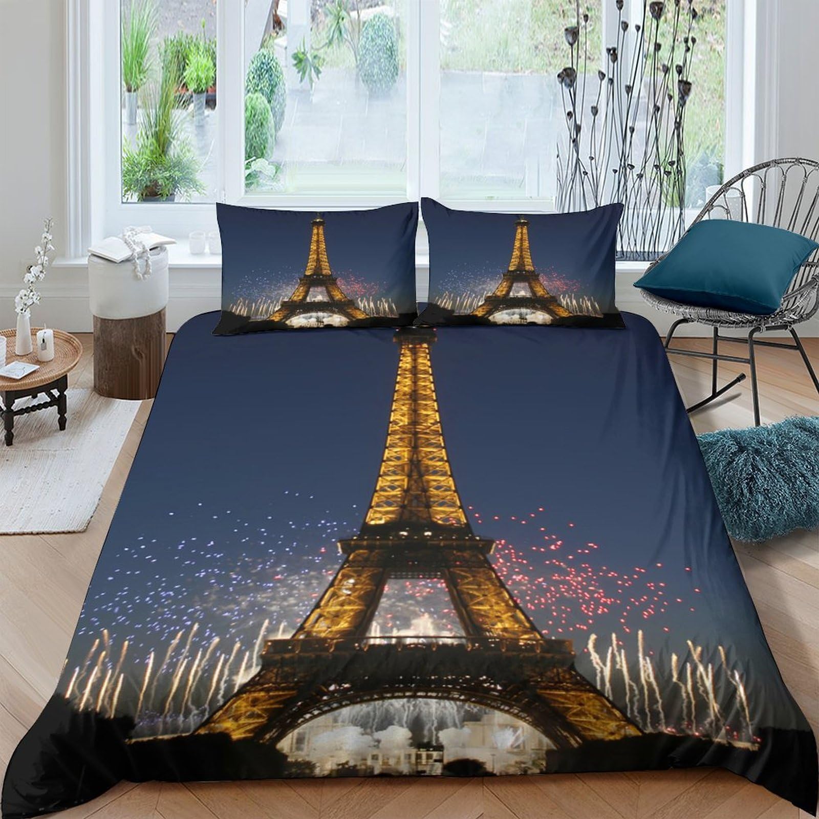Ctjqhvkz Style-7 3D Printed Eiffel Tower Night Fitted Sheet Microfiber Soft Dark Blue Fireworks Bed Cover For Bedroom Guest Room Single（135X200cm）