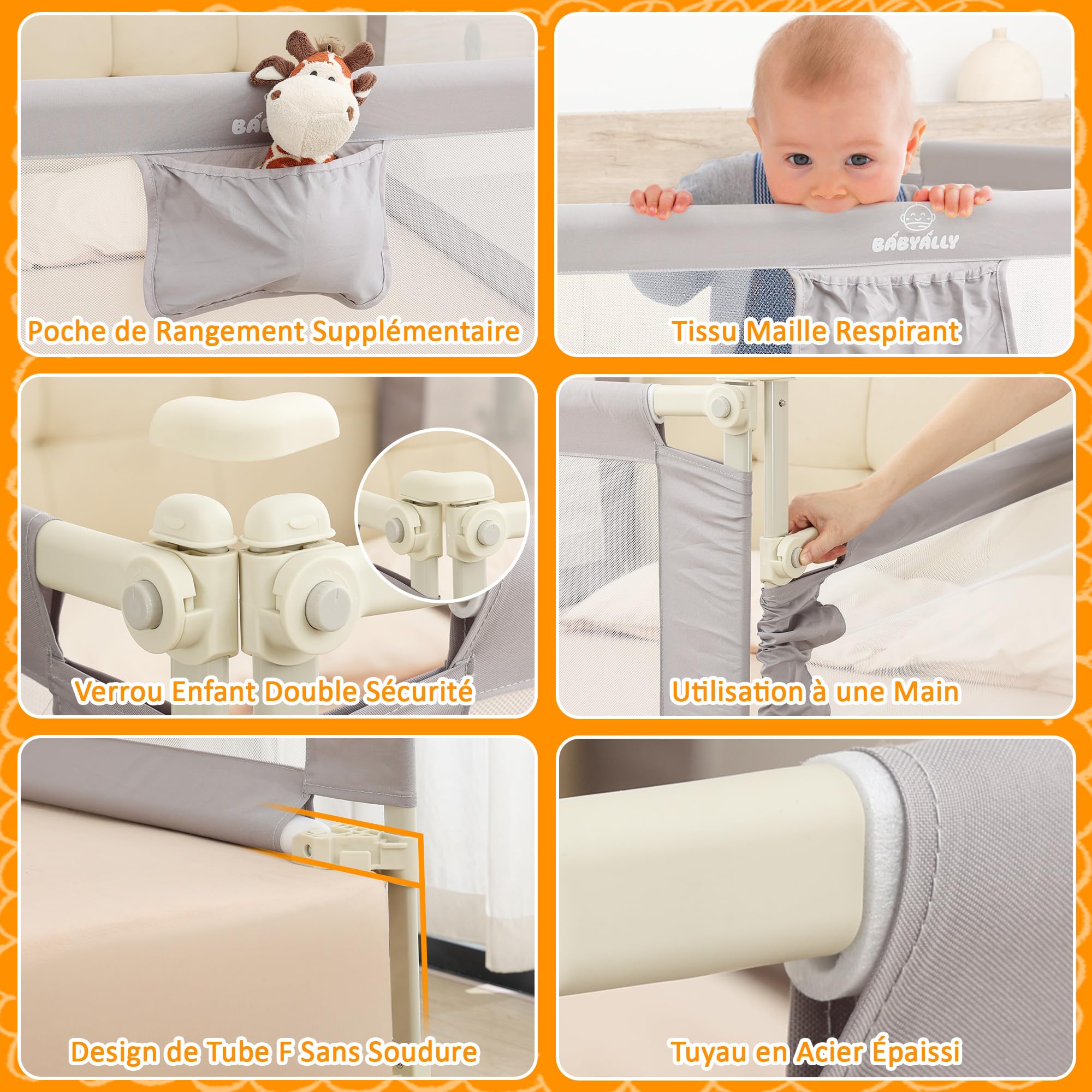 Barrière de lit enfant pliable 140cm sécurité avec élévation verticale double verrouillage