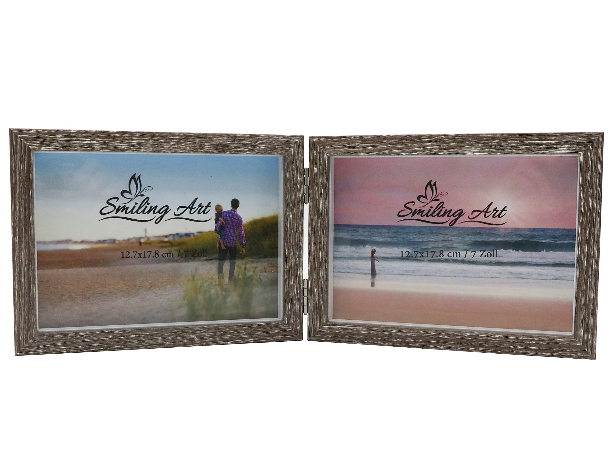 Smiling Art Bilderrahmen für 2 Fotos aus Holz, klappbarer Bilderrahmen, Doppelrahmen (Grau, Querformat, 2x13x18 cm)