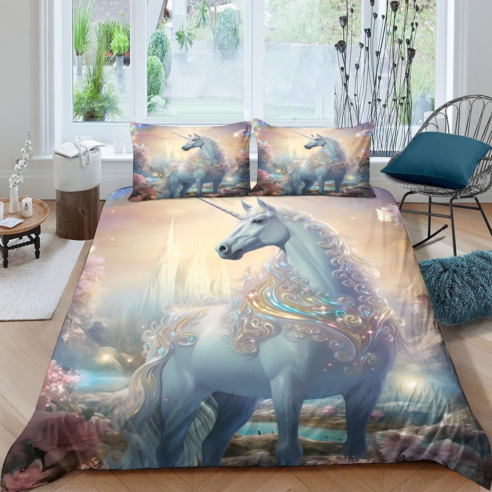 Ctjqhvkz Style-2 3D Printed Fantasy Unicorn Fitted Sheet Microfiber Soft Pastel Dreamland Bed Cover For Bedroom Dorm Mattress Protection Decor Single（135X200cm）