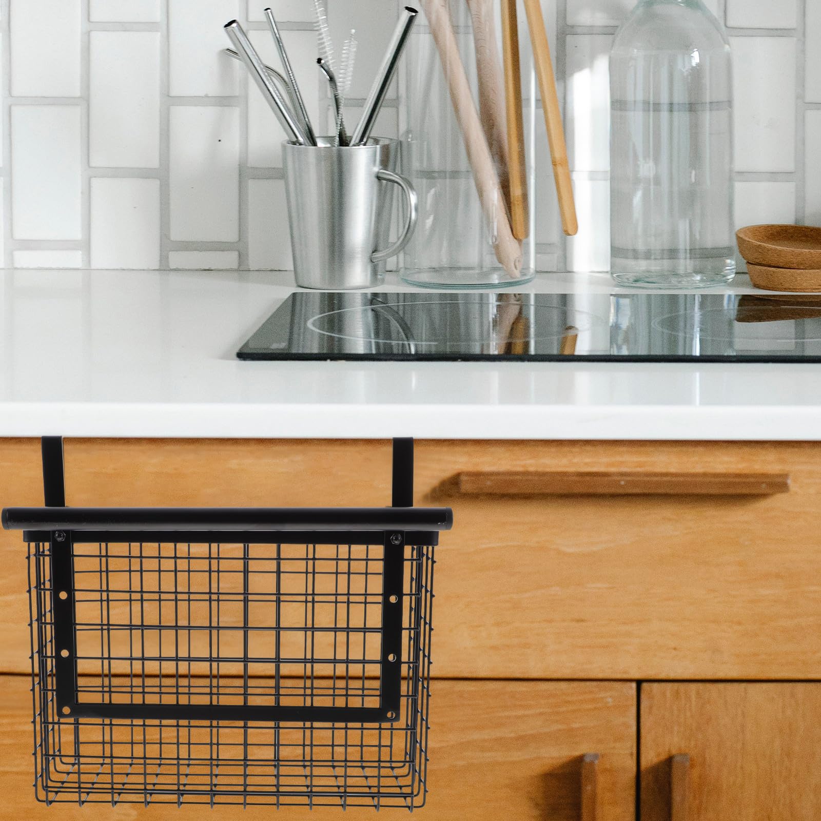 Cesta de Almacenamiento Colgante de Acero al Carbono Negra, Estante Colgante para Puerta de Armario, Organizador Multiusos para Cocina y Baño, Soporte para Condimentos y Verduras,
