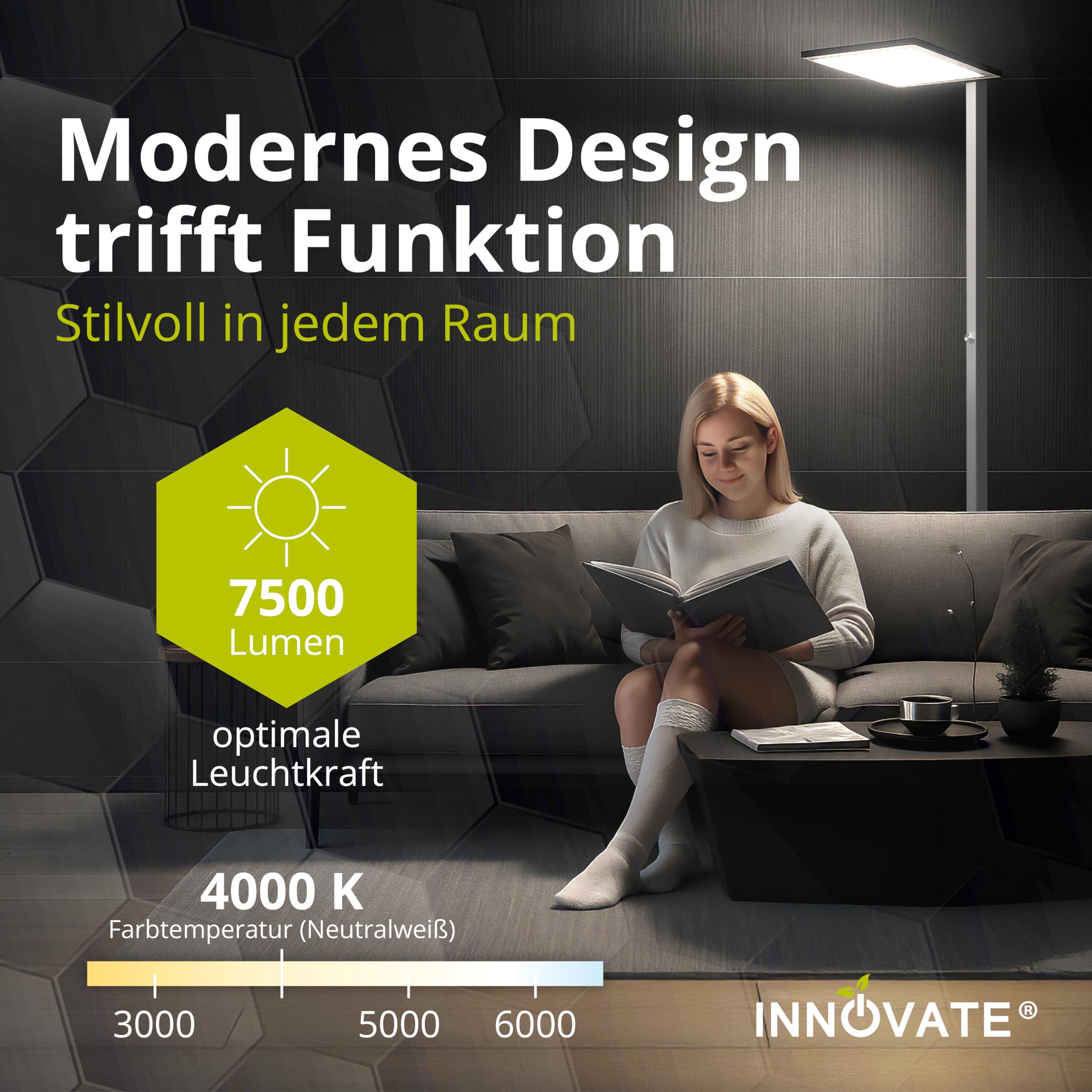 INNOVATE LED Stehlampe Büro Dimmbar 7500lm UGR< 19 80W Deckenfluter Silber | Tageslichtlampe Schreibtisch Stehlampe Dimmbar I Stehlampe LED Home Office Schreibtische & Arbeitsplätze Stehlampen