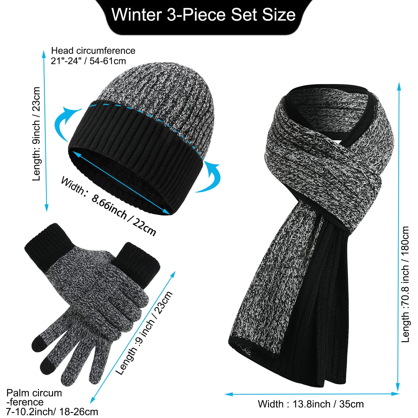 Juego de 3 guantes de bufanda de invierno para hombres y mujeres, calentador de cuello solitario, gorro de punto, guantes para pantalla táctil, gorro de lana con forro polar, 5