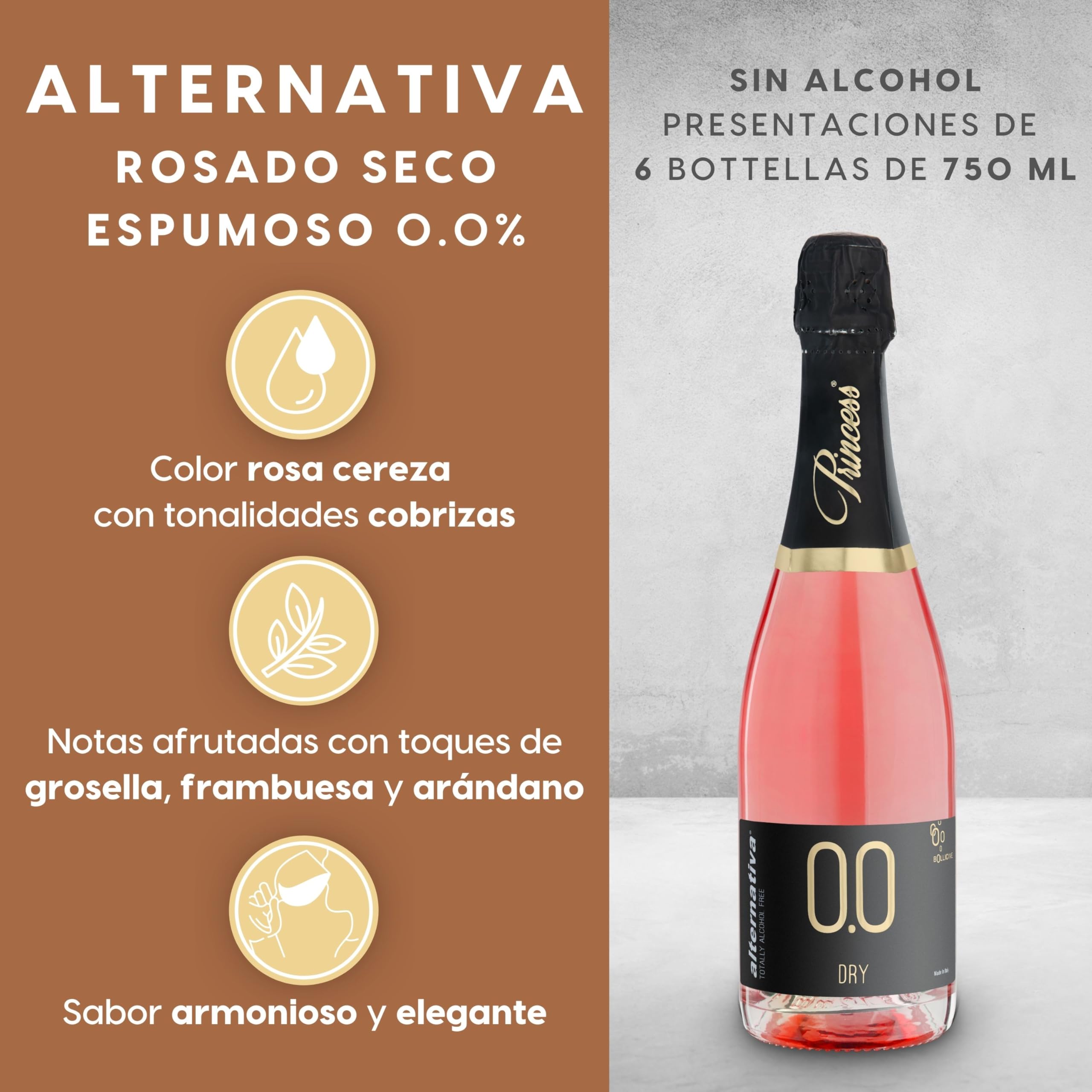 ALTERNATIVA Rosado Seco Espumoso Sin Alcohol 0.0% - 6 Botellas de 750 ml | Burbujas Italianas Desalcoholizado Premium - Ideal para Celebraciones y Regalos