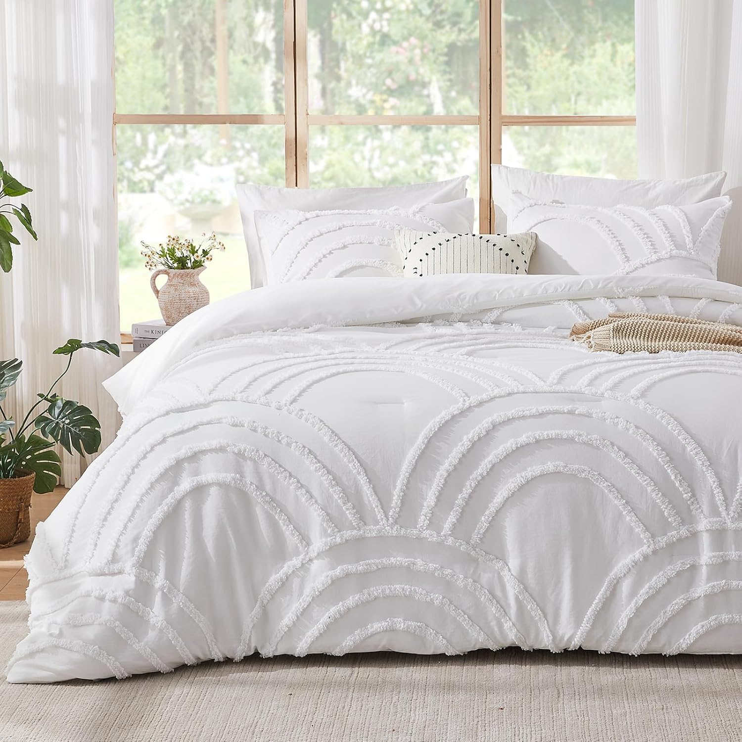 ENJOHOS White King Comforter Set - Boho Tufted Bedding Comforter Sets, Boho Chic Decor, Fluffy Jacquard Rainbow Bedding for All Season, 3 Pieces Lightweight Soft Farmhouse Bed Set