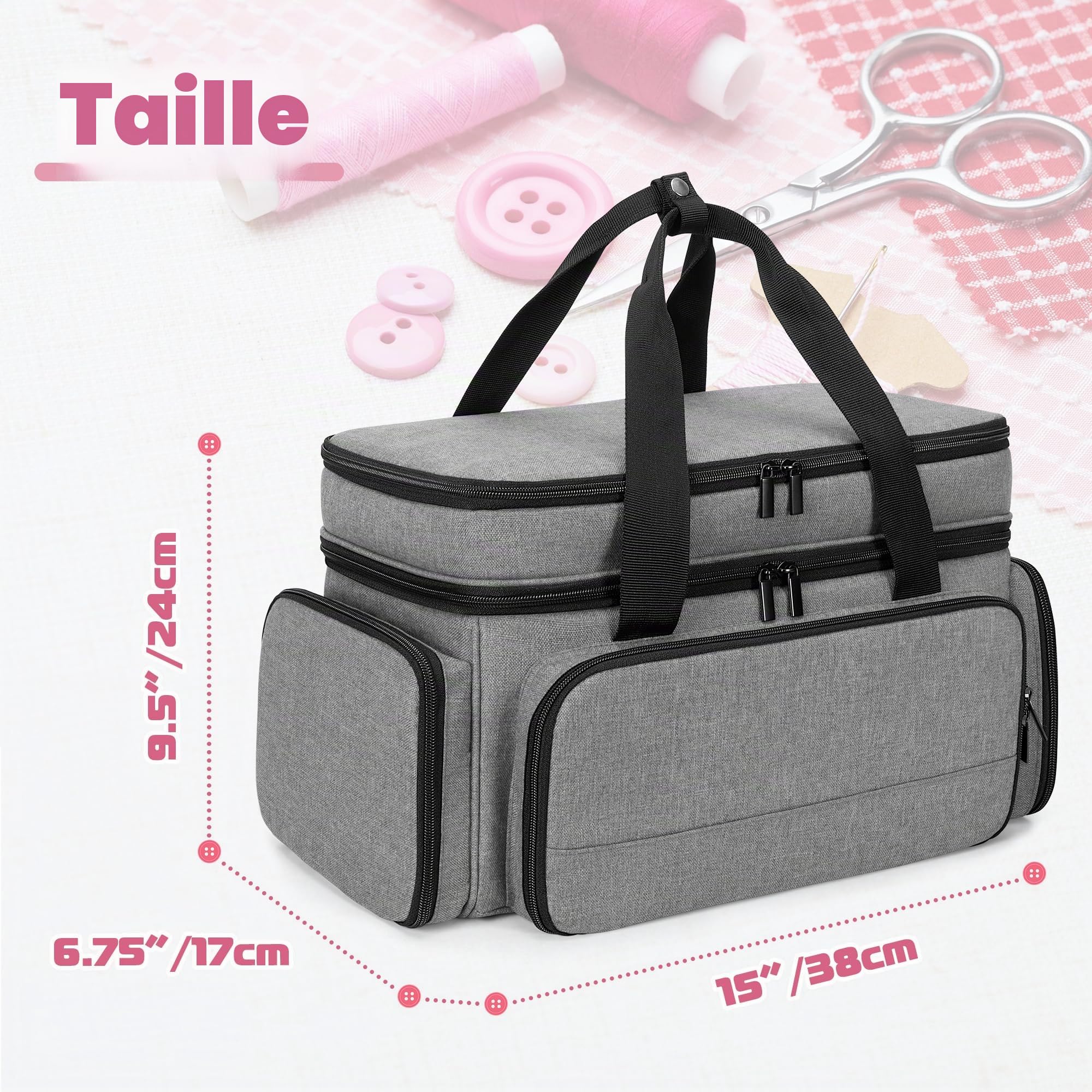 Luxja Grand Sac Organisateur de Couture à 2 Couches avec 5 Séparateurs Amovibles, Sac de Rangement de Couture pour Fournitures de Couture, Boite a Couture (Sac Seulement), Gris