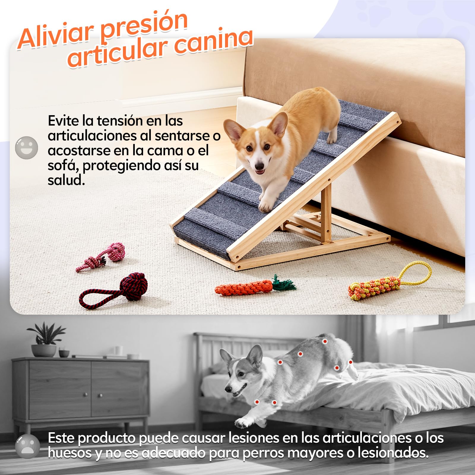Tukailai Rampa para perros de madera de 70 cm de largo, escalera para perros para cama, sofá, coche, plegable, 2 alturas ajustables, rampa para mascotas con alfombra antideslizante y barras