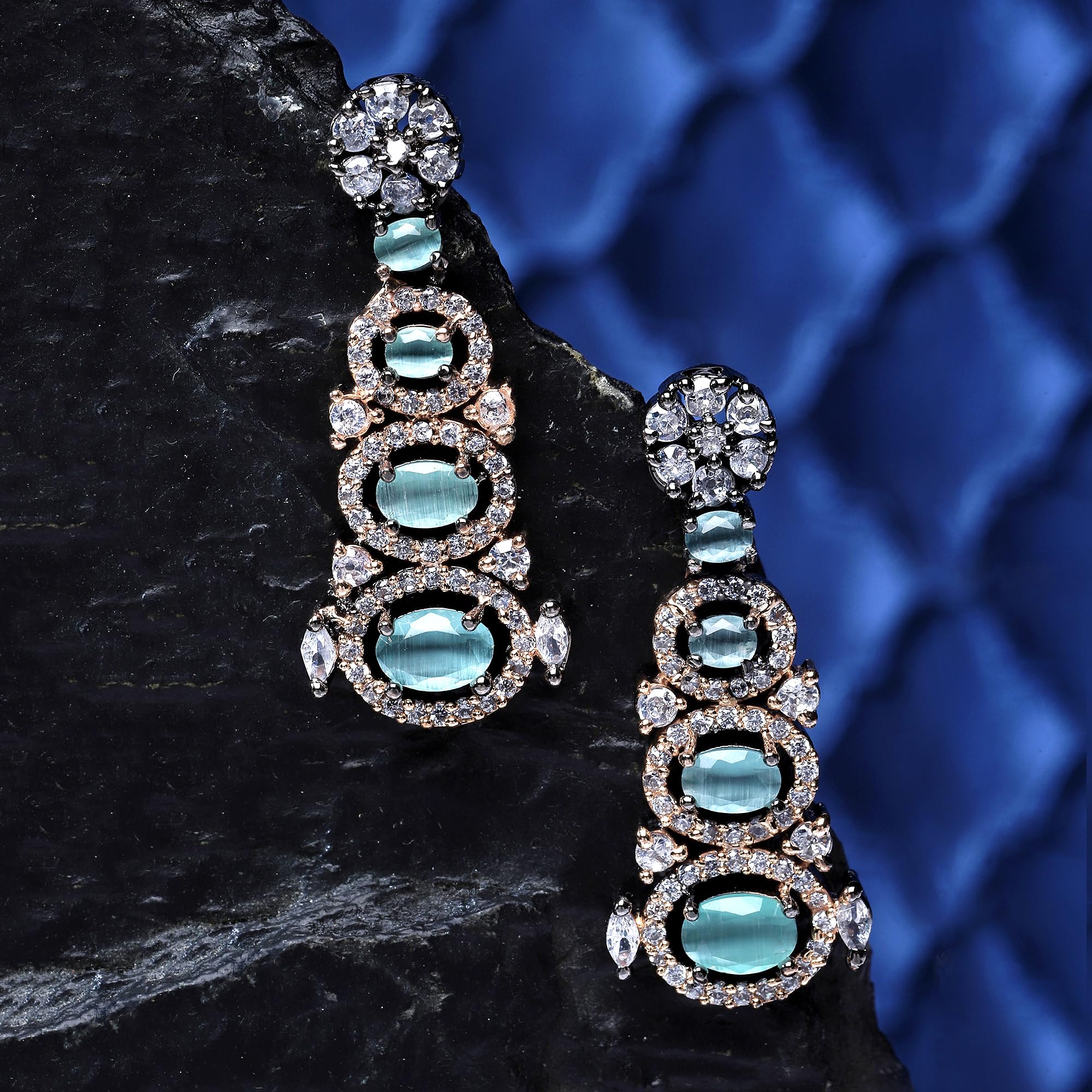 Rhodium-Plated American Diamond Studded Drop Earrings