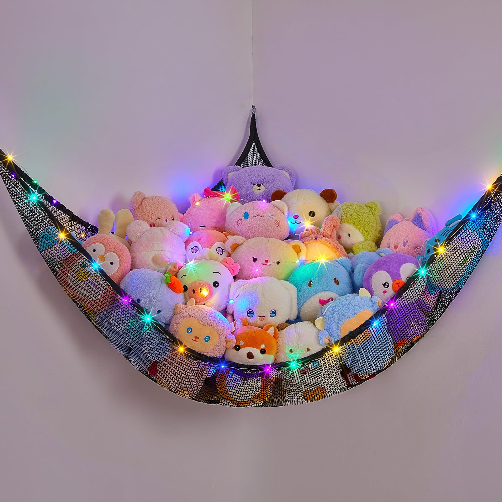 MHJY Toy Hammock for Stuffed Animals Soft Toy Storage Net with LED Light, Cuddly Toys Organizer Holder Large Corner Hanging Net Plush Macrame Kids Bedroom Nursery Furniture Room Decor