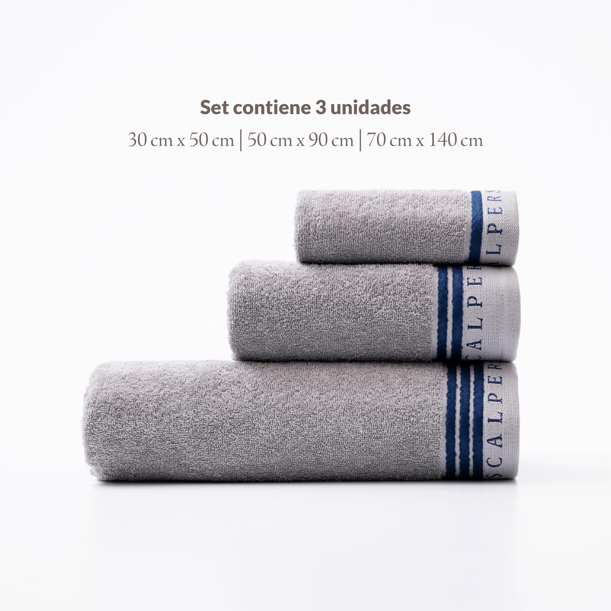 Scalpers Set Toallas baño (tocador 30x50cm + Manos 50x90cm + baño 70x140cm) 450GSM en algodón Gris con Azul Home
