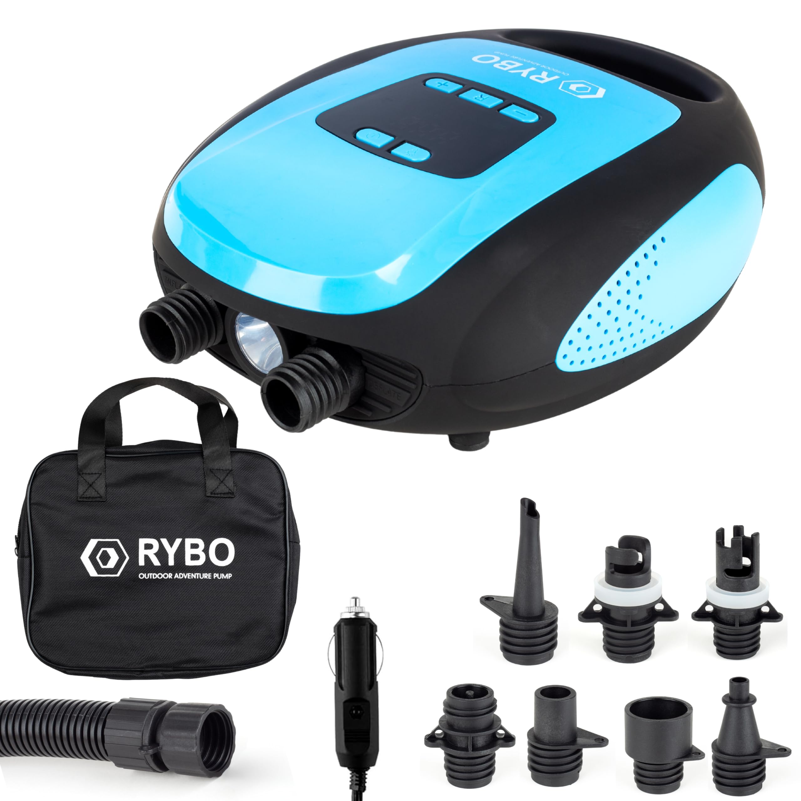 RYBO Thames Electric Air Pump, 20psi Electric Paddle Board Pump with 7 Nozzles, Smart Inflation Auto-Off, Digital Adjustable LCD Function, 12V Electric Pump for Sup's, Inflatable Kayaks and Tents