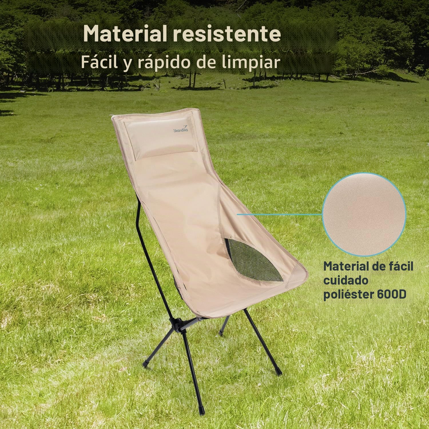 skandika Silla de Camping Solig - Silla Plegable | hasta 120 kg - Estructura de Acero, Respaldo Acolchado - Inserciones de Malla (Beige)
