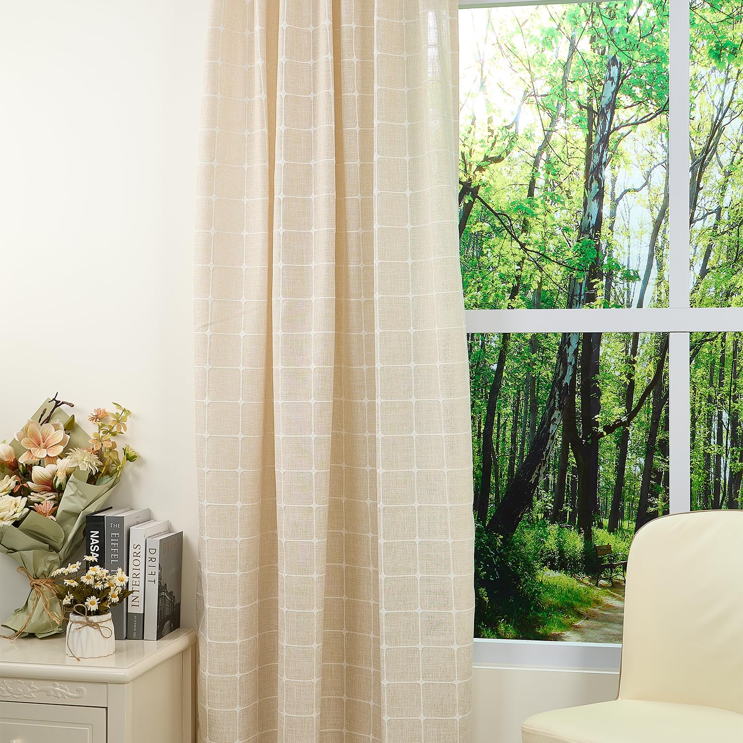 135x175cm Cortina de Bolsillo Bohemia Bordada Beige Cuadros,1 Panel | Suave Poliéster-Lino Estilo.Filtrante de luz.Bohemio Estilo rústico.Cortinas para Baño Comedor Baño y estar.Lavable a máquina