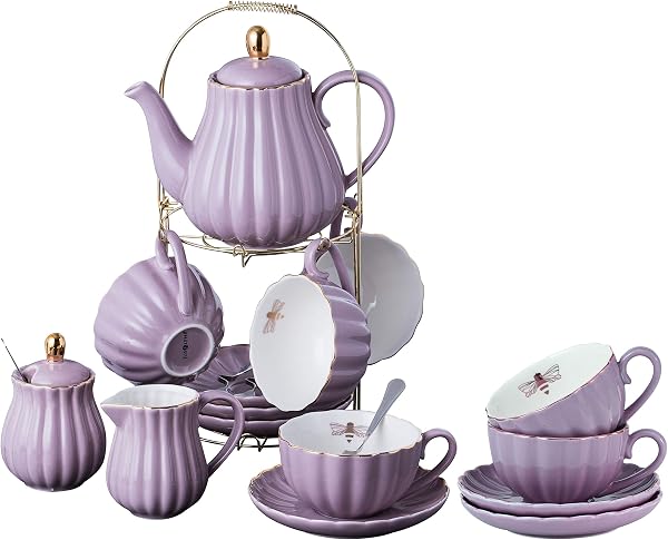 Jusalpha Fine China Pink Coffee Cup/Teacup Set, 8 OZ Cups& Saucer Service for 4, with Teapot-Sugar Bowl-Cream Pitcher Te